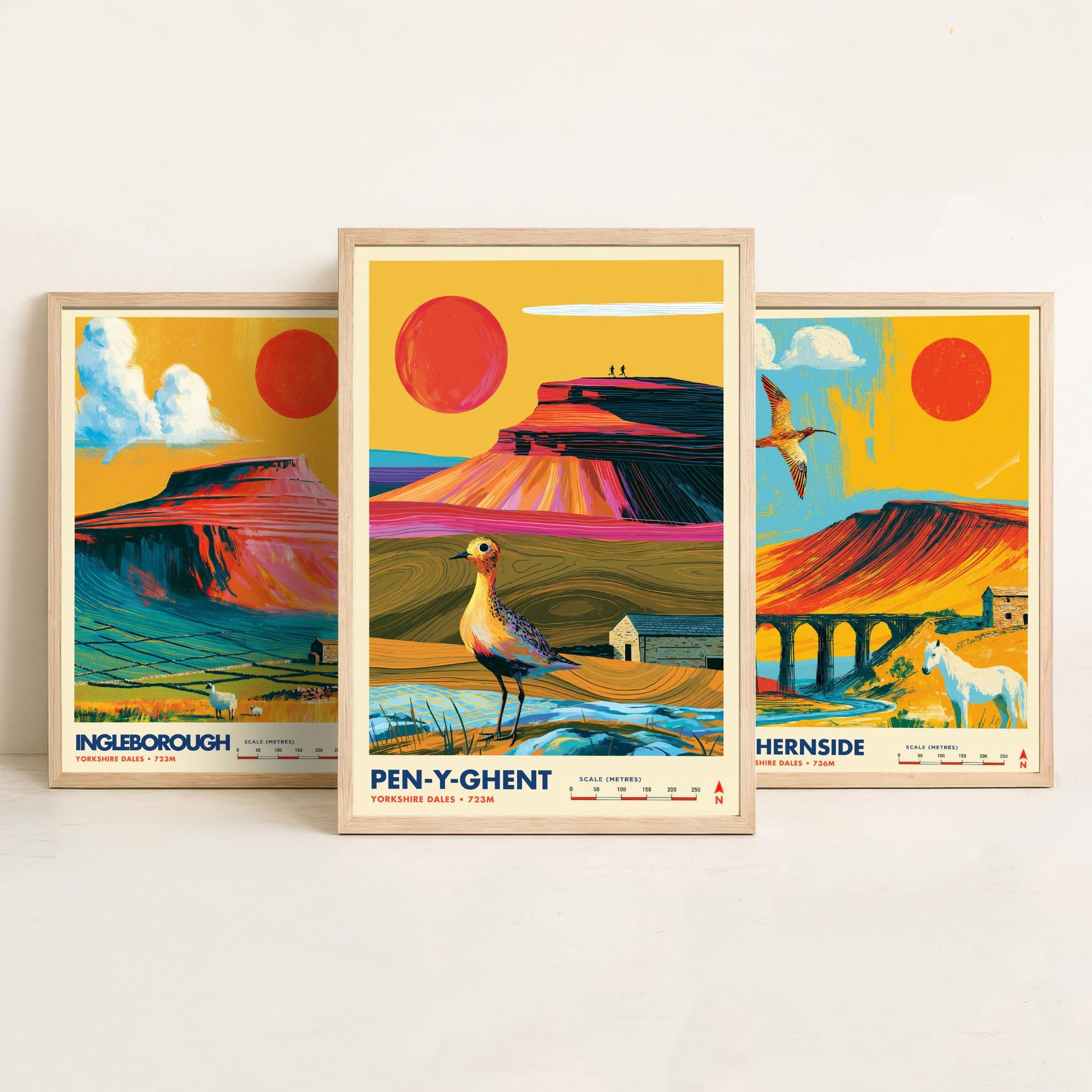 Yorkshire Three Peaks Set of Three Travel Posters - Ingleborough, Whernside, Pen-y-Ghent - Vibrant Art Print Illustration Gift