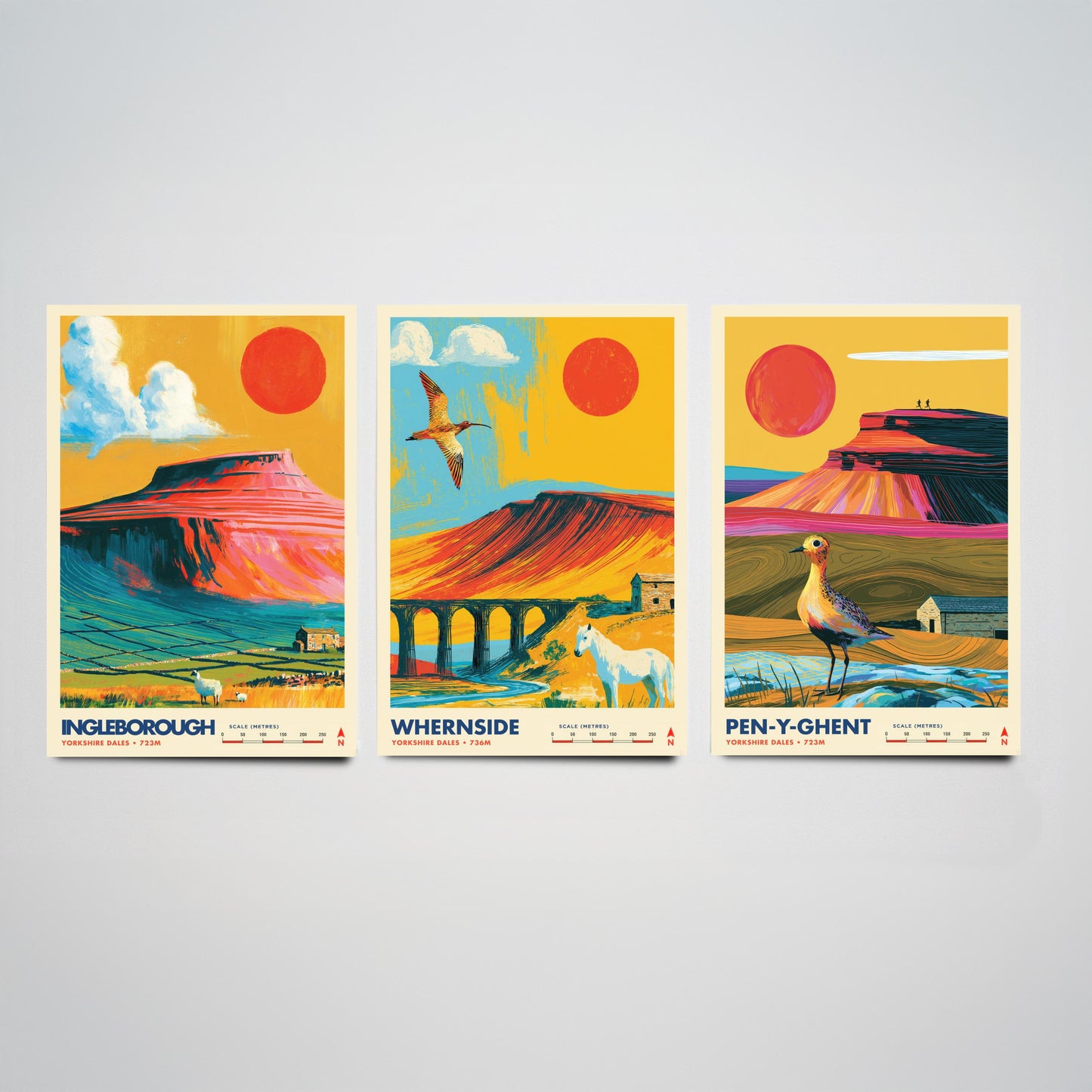 Yorkshire Three Peaks Set of Three Travel Posters - Ingleborough, Whernside, Pen-y-Ghent - Vibrant Art Print Illustration Gift