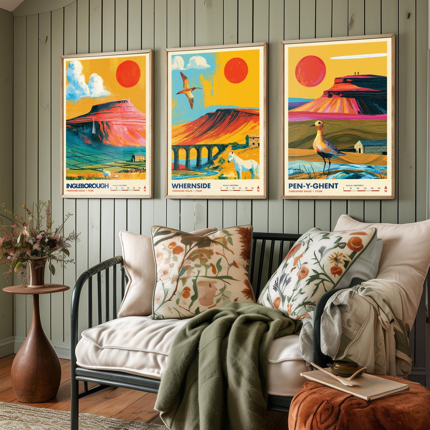 Yorkshire Three Peaks Set of Three Travel Posters - Ingleborough, Whernside, Pen-y-Ghent - Vibrant Art Print Illustration Gift
