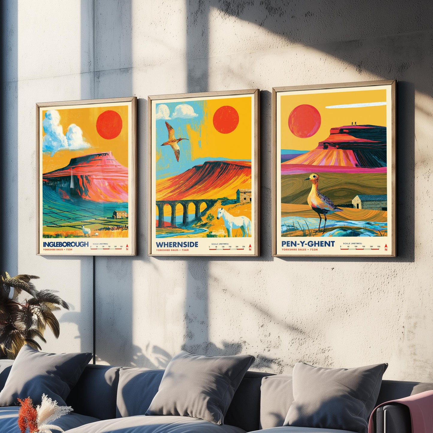 Yorkshire Three Peaks Set of Three Travel Posters - Ingleborough, Whernside, Pen-y-Ghent - Vibrant Art Print Illustration Gift