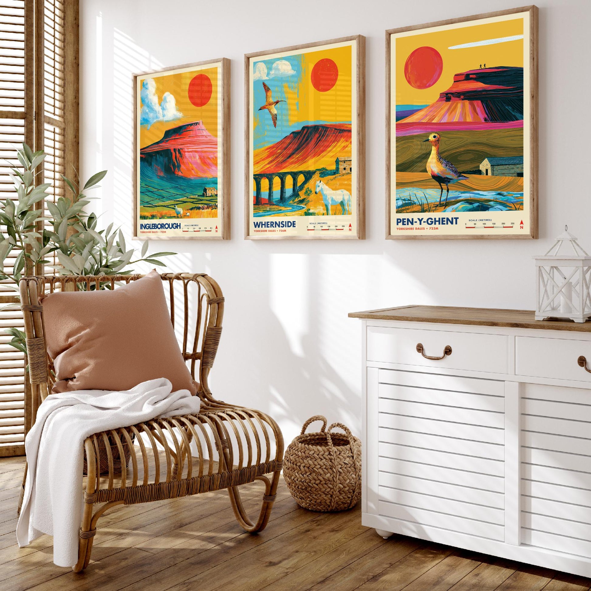 Yorkshire Three Peaks Set of Three Travel Posters - Ingleborough, Whernside, Pen-y-Ghent - Vibrant Art Print Illustration Gift
