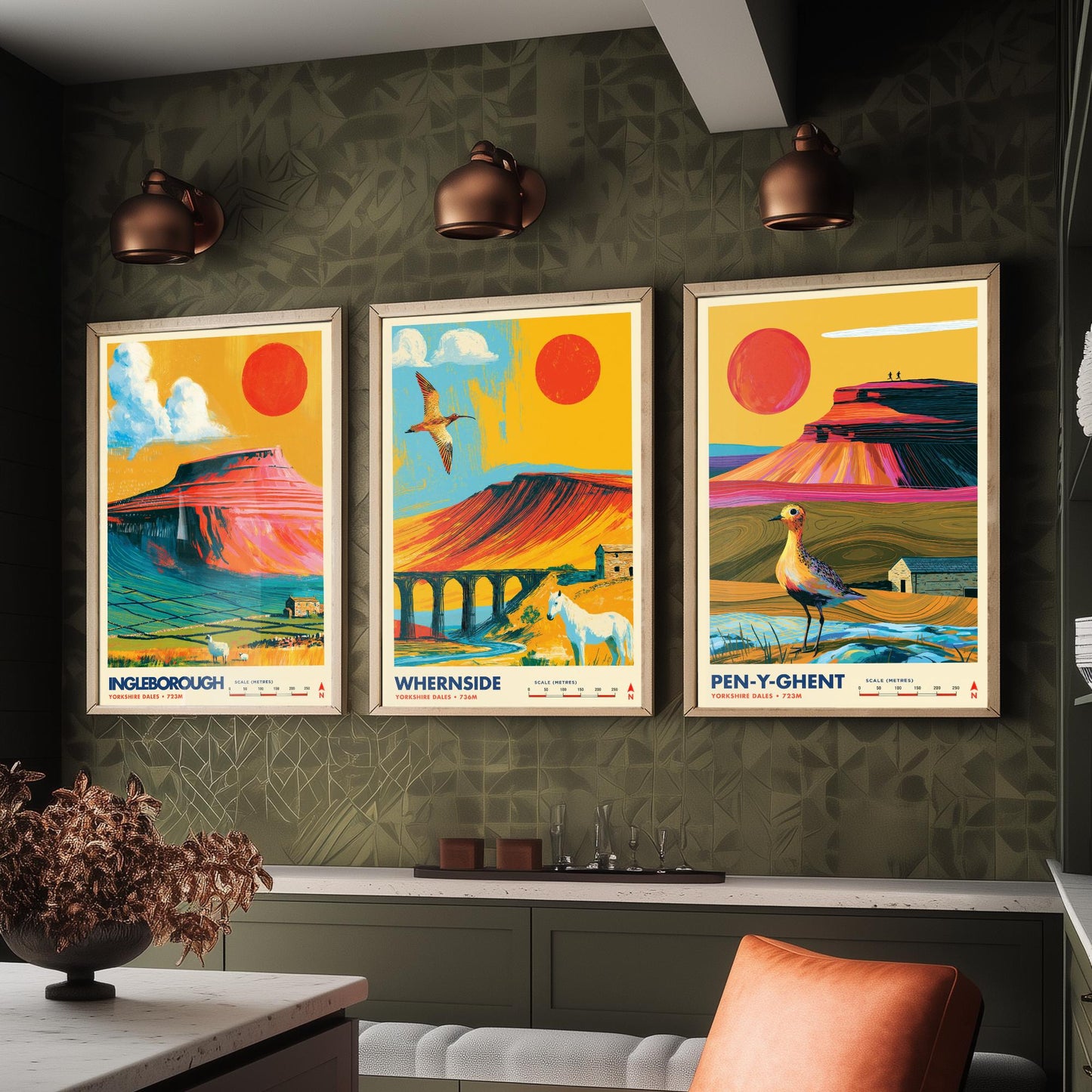 Yorkshire Three Peaks Set of Three Travel Posters - Ingleborough, Whernside, Pen-y-Ghent - Vibrant Art Print Illustration Gift