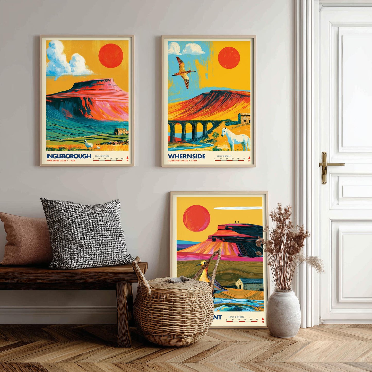 Yorkshire Three Peaks Set of Three Travel Posters - Ingleborough, Whernside, Pen-y-Ghent - Vibrant Art Print Illustration Gift