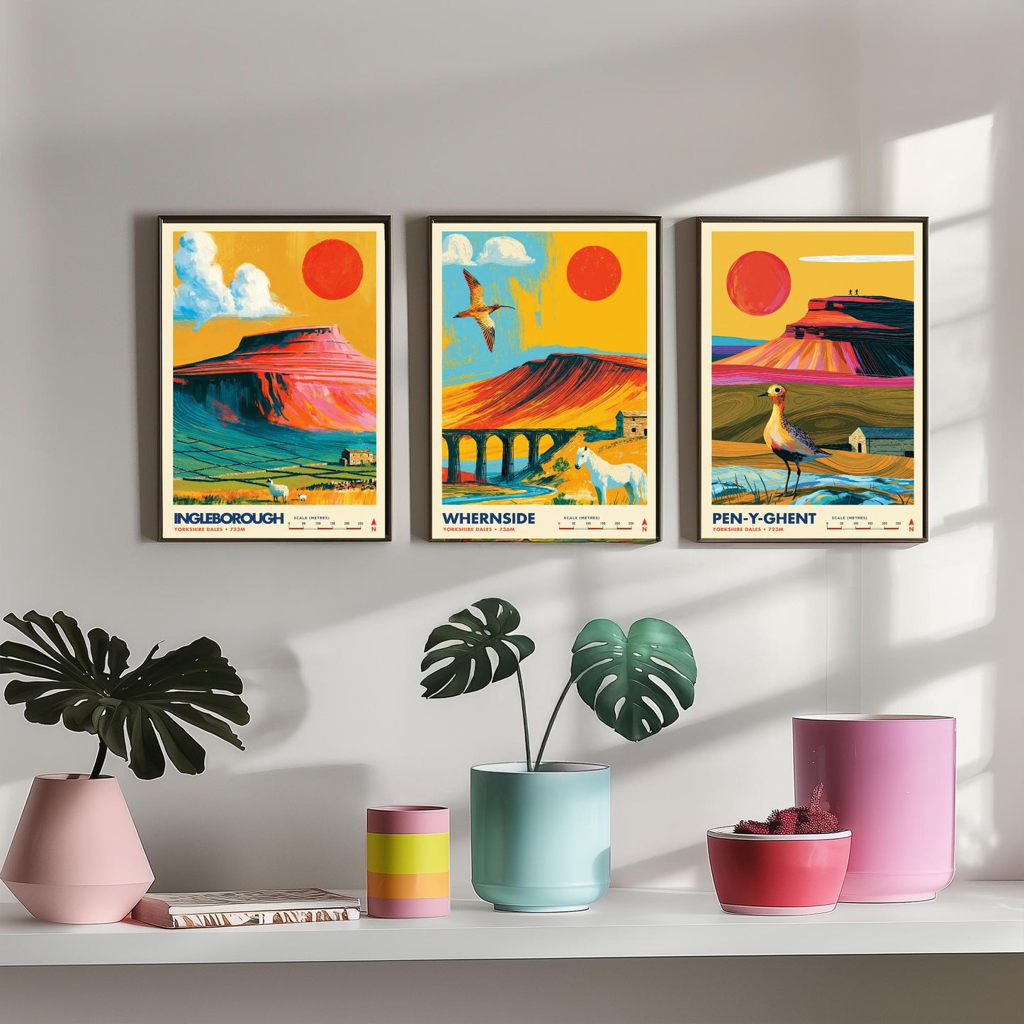 Yorkshire Three Peaks Set of Three Travel Posters - Ingleborough, Whernside, Pen-y-Ghent - Vibrant Art Print Illustration Gift
