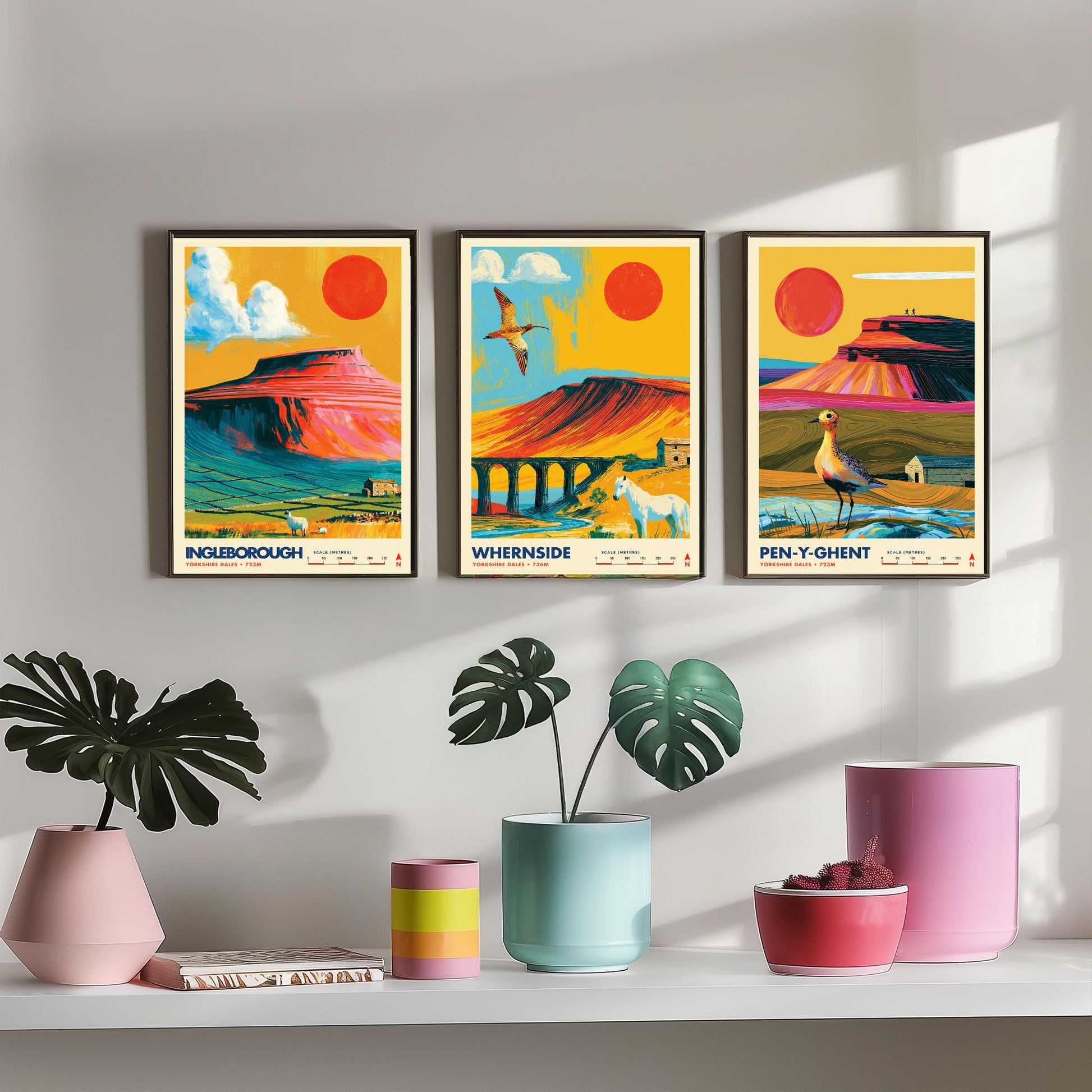 Yorkshire Three Peaks Set of Three Travel Posters - Ingleborough, Whernside, Pen-y-Ghent - Vibrant Art Print Illustration Gift