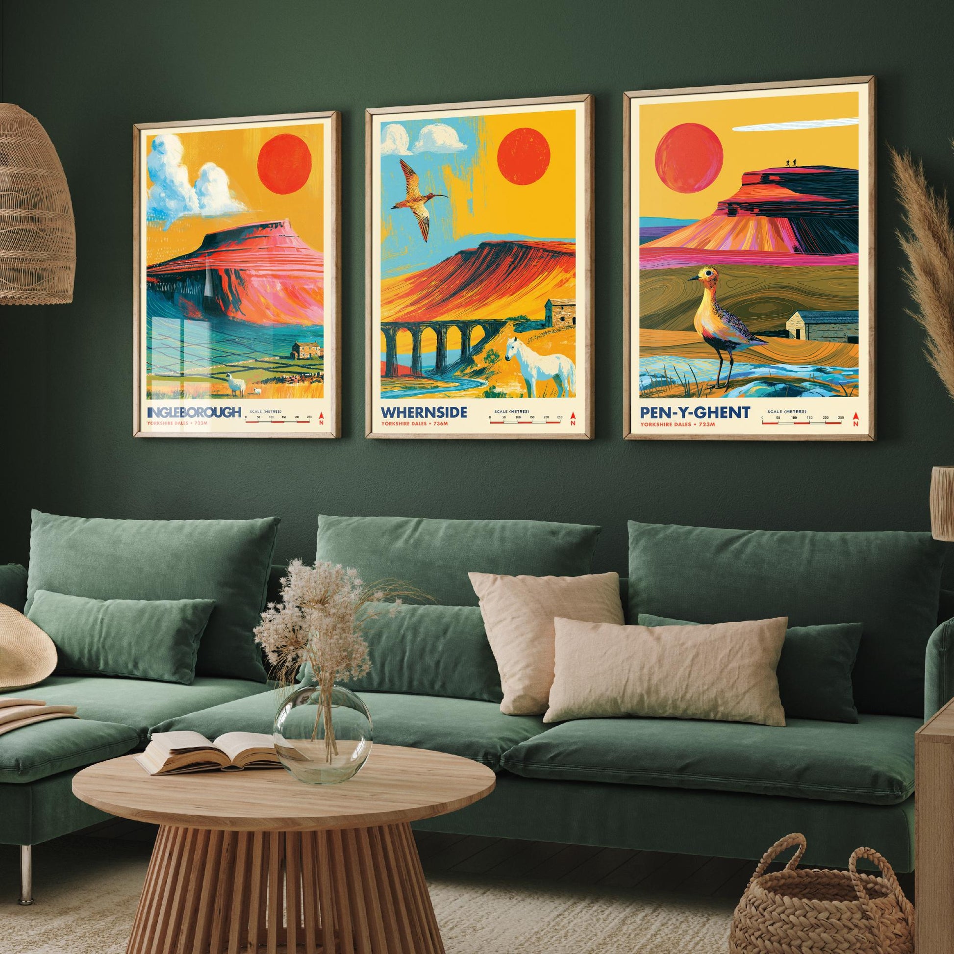Yorkshire Three Peaks Set of Three Travel Posters - Ingleborough, Whernside, Pen-y-Ghent - Vibrant Art Print Illustration Gift