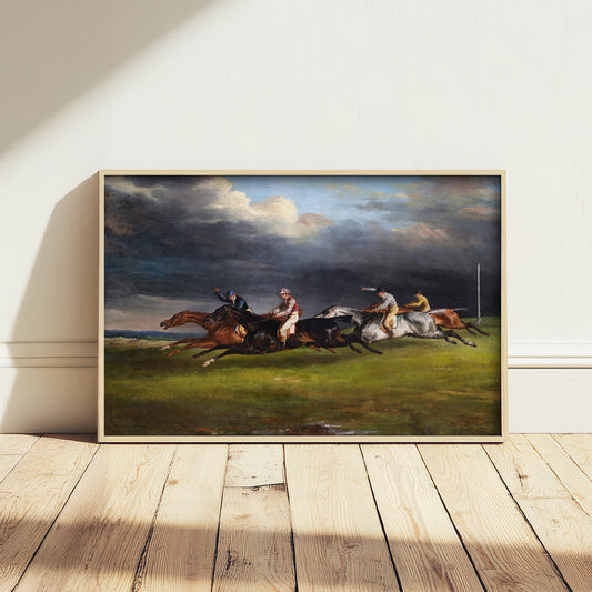 Theodore Gericault - The 1821 Derby at Epsom (1821) - Classic Painting Art Print - Racehorses Jockeys Galloping Under Storm Sky Poster
