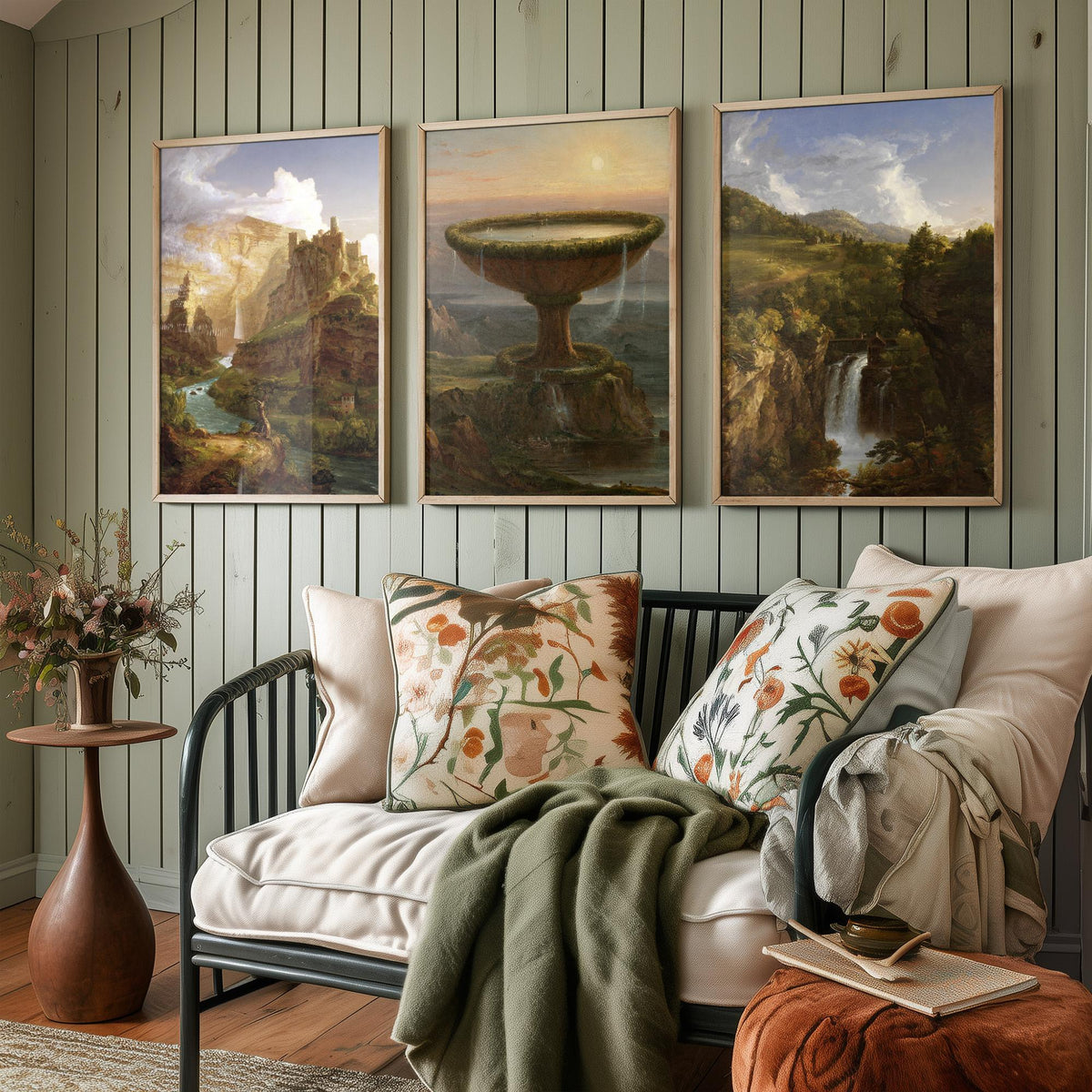 Thomas Cole Set of Three Art Prints - The Titan's Goblet, Castle Above a River Gorge, Wooded Waterfall - Hudson River School Poster Painting