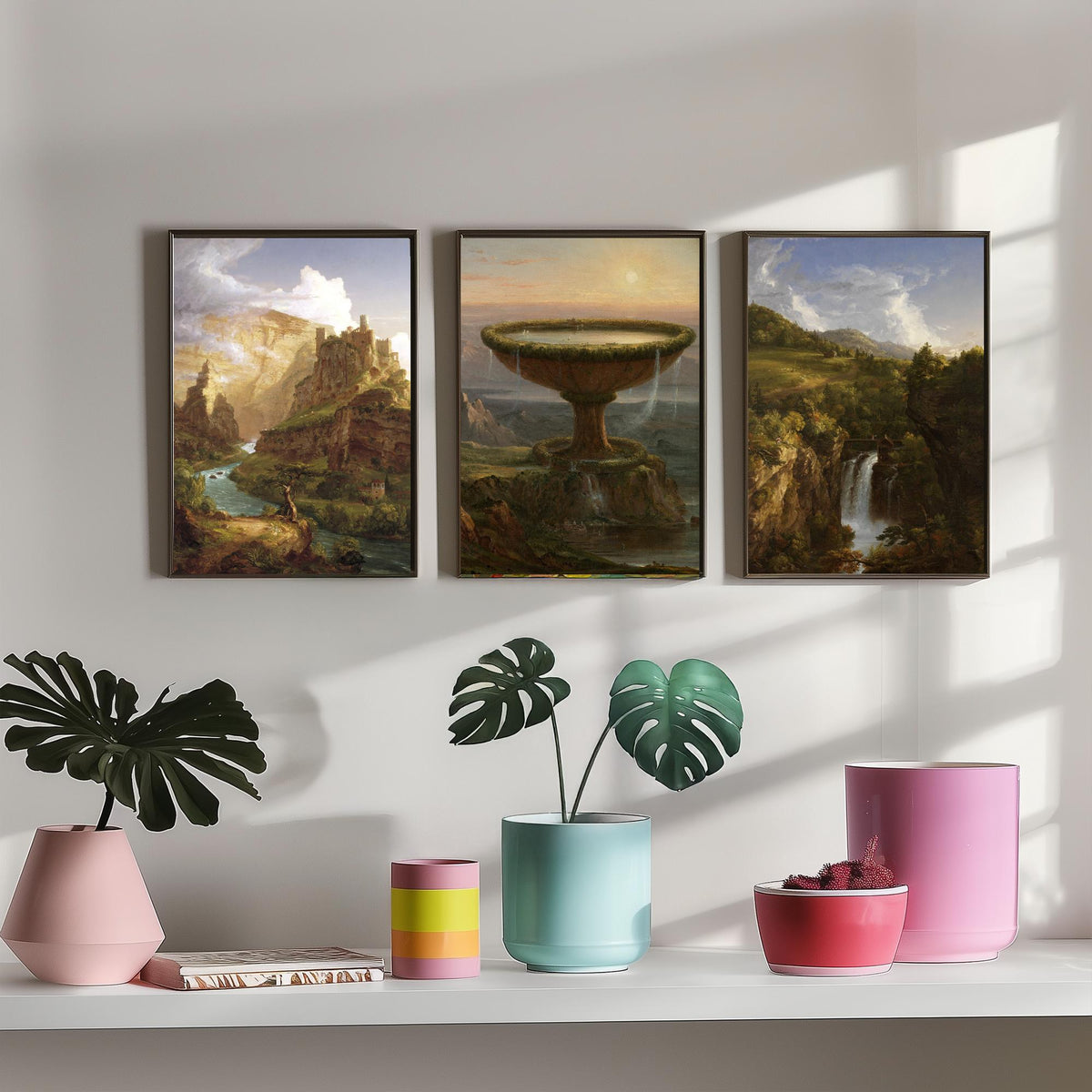 Thomas Cole Set of Three Art Prints - The Titan's Goblet, Castle Above a River Gorge, Wooded Waterfall - Hudson River School Poster Painting