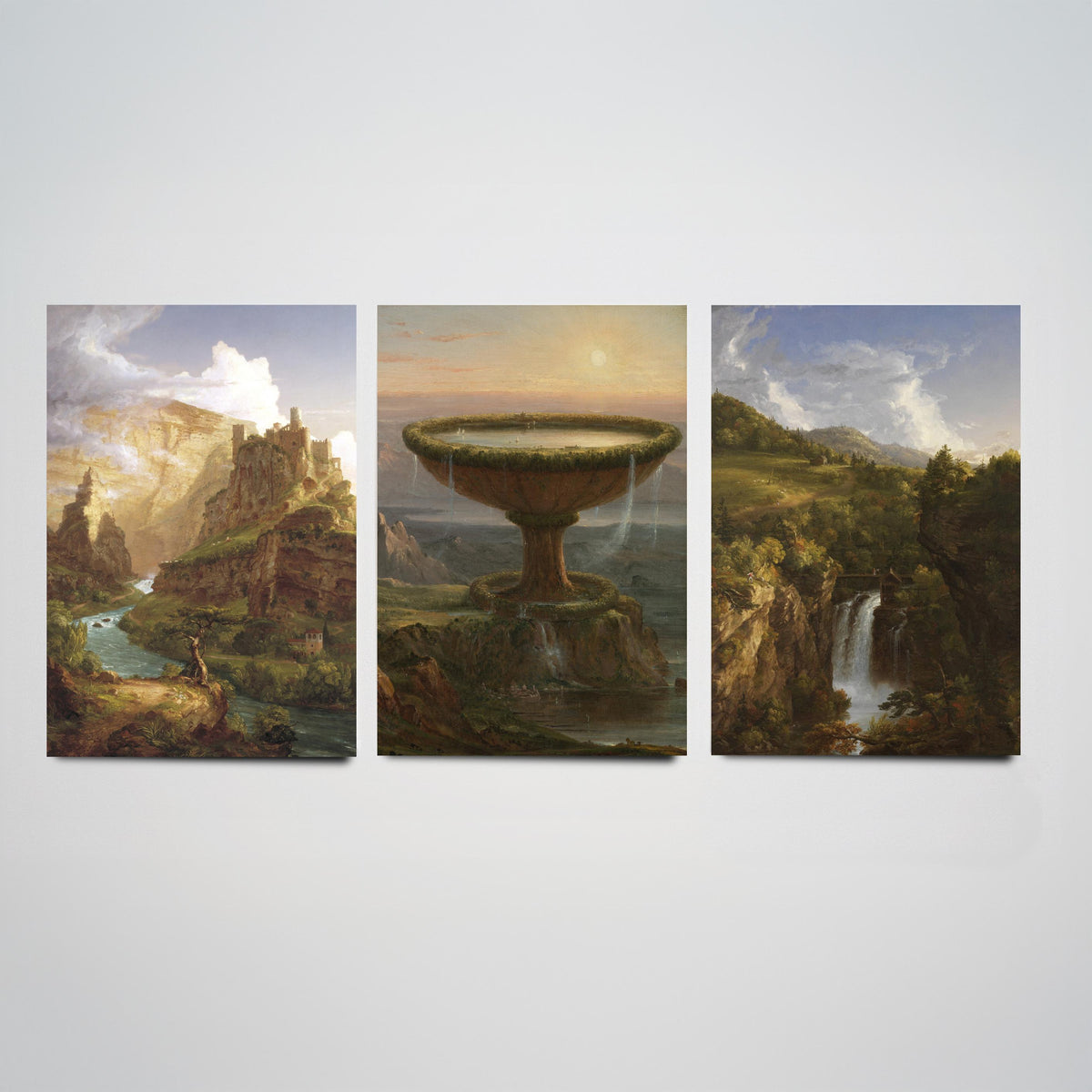 Thomas Cole Set of Three Art Prints - The Titan's Goblet, Castle Above a River Gorge, Wooded Waterfall - Hudson River School Poster Painting