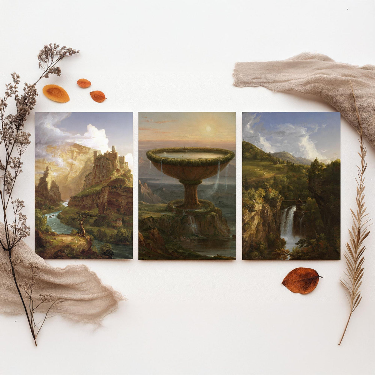 Thomas Cole Set of Three Art Prints - The Titan's Goblet, Castle Above a River Gorge, Wooded Waterfall - Hudson River School Poster Painting