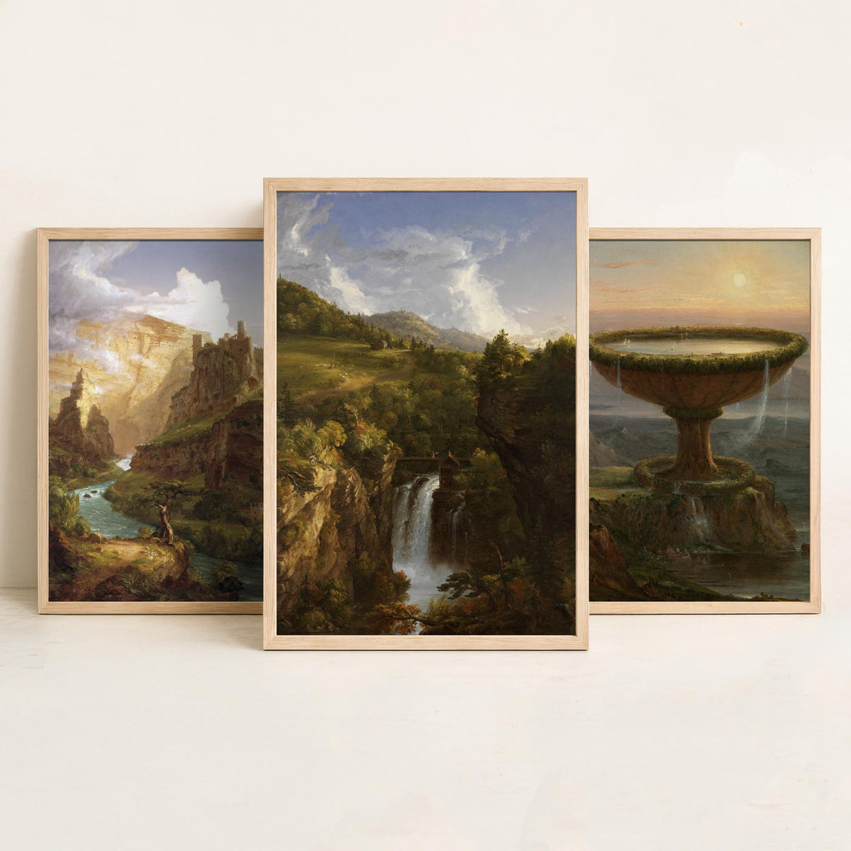 Thomas Cole Set of Three Art Prints - The Titan's Goblet, Castle Above a River Gorge, Wooded Waterfall - Hudson River School Poster Painting