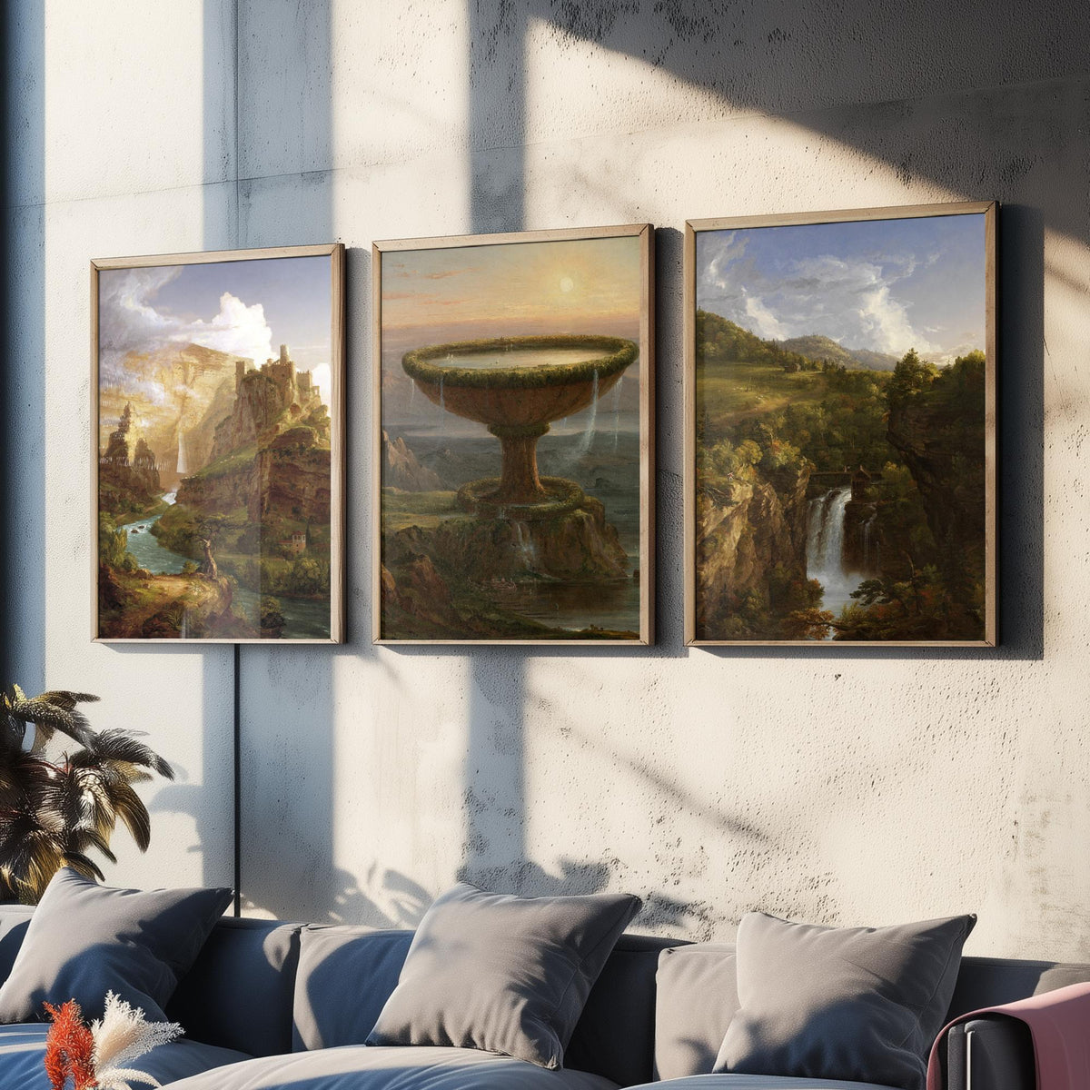 Thomas Cole Set of Three Art Prints - The Titan's Goblet, Castle Above a River Gorge, Wooded Waterfall - Hudson River School Poster Painting