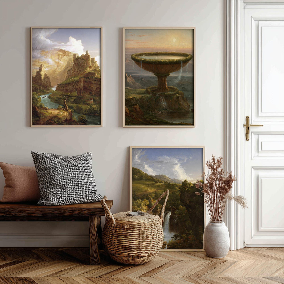 Thomas Cole Set of Three Art Prints - The Titan's Goblet, Castle Above a River Gorge, Wooded Waterfall - Hudson River School Poster Painting