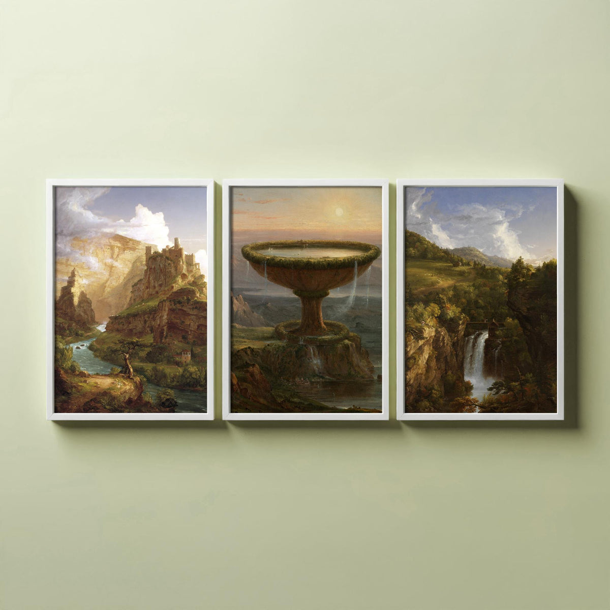 Thomas Cole Set of Three Art Prints - The Titan's Goblet, Castle Above a River Gorge, Wooded Waterfall - Hudson River School Poster Painting