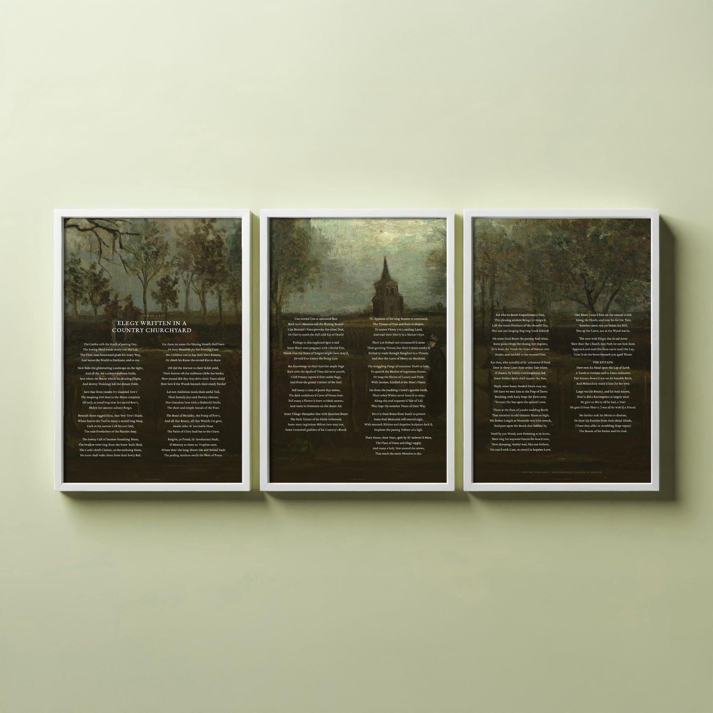 Elegy Written in a Country Churchyard by Thomas Gray Set of Three Art Prints - Full Poem over Van Gogh Painting - Poetry Poster Triptych