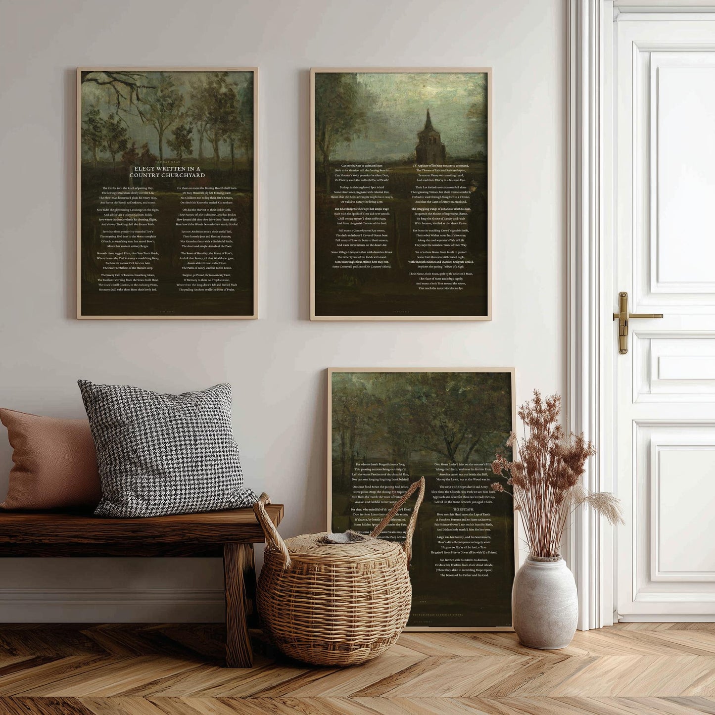 Elegy Written in a Country Churchyard by Thomas Gray Set of Three Art Prints - Full Poem over Van Gogh Painting - Poetry Poster Triptych