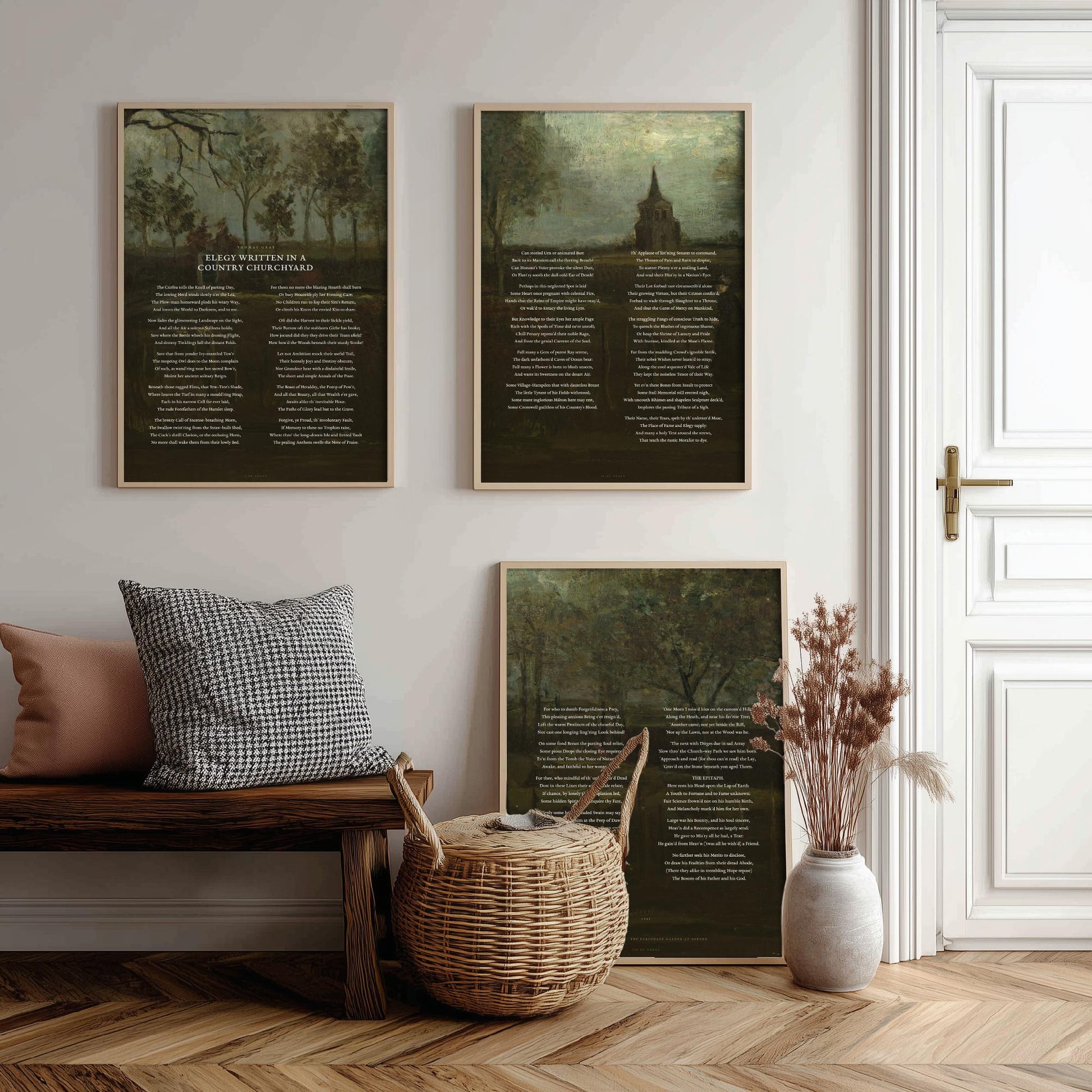 Elegy Written in a Country Churchyard by Thomas Gray Set of Three Art Prints - Full Poem over Van Gogh Painting - Poetry Poster Triptych