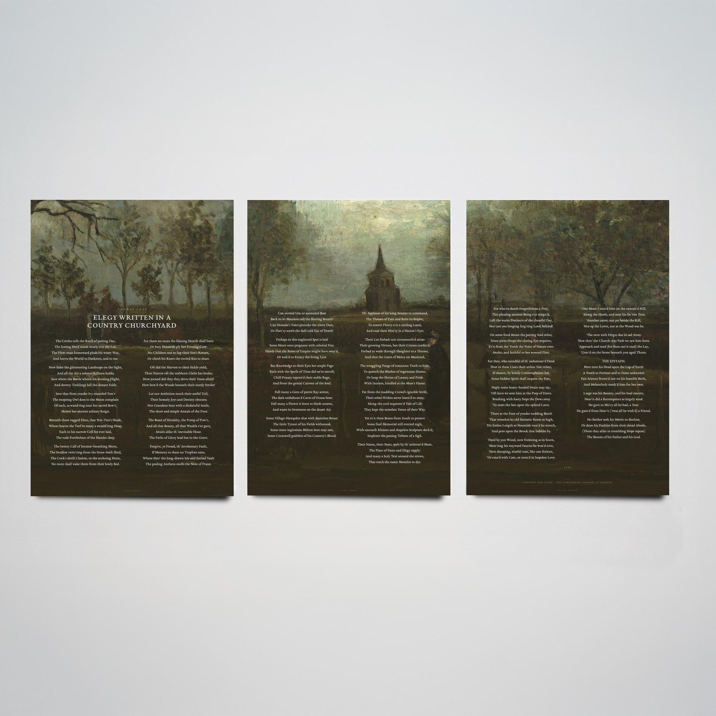 Elegy Written in a Country Churchyard by Thomas Gray Set of Three Art Prints - Full Poem over Van Gogh Painting - Poetry Poster Triptych