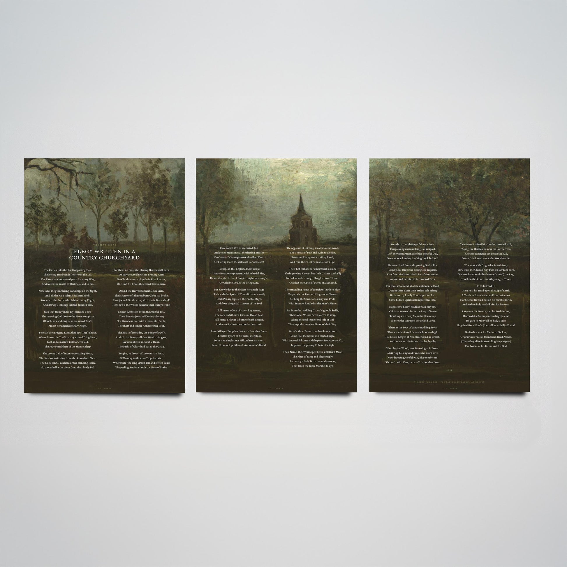 Elegy Written in a Country Churchyard by Thomas Gray Set of Three Art Prints - Full Poem over Van Gogh Painting - Poetry Poster Triptych