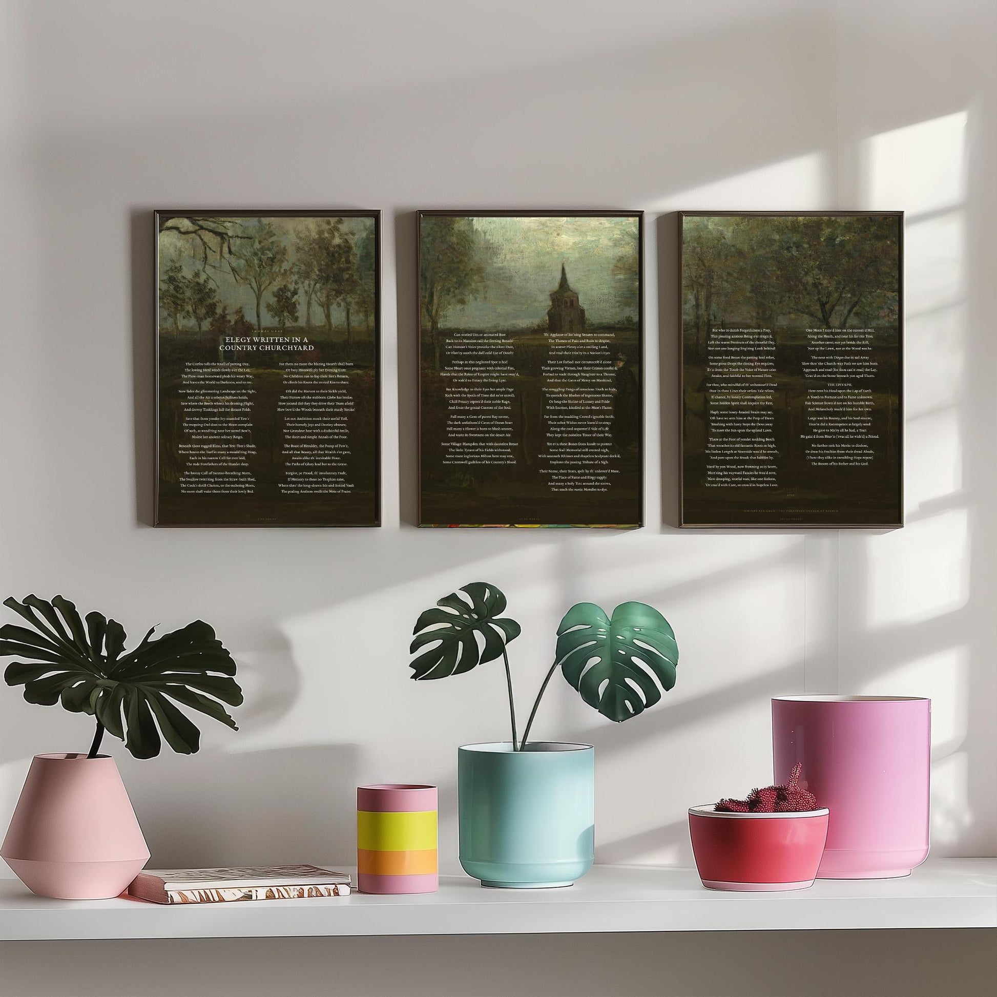 Elegy Written in a Country Churchyard by Thomas Gray Set of Three Art Prints - Full Poem over Van Gogh Painting - Poetry Poster Triptych
