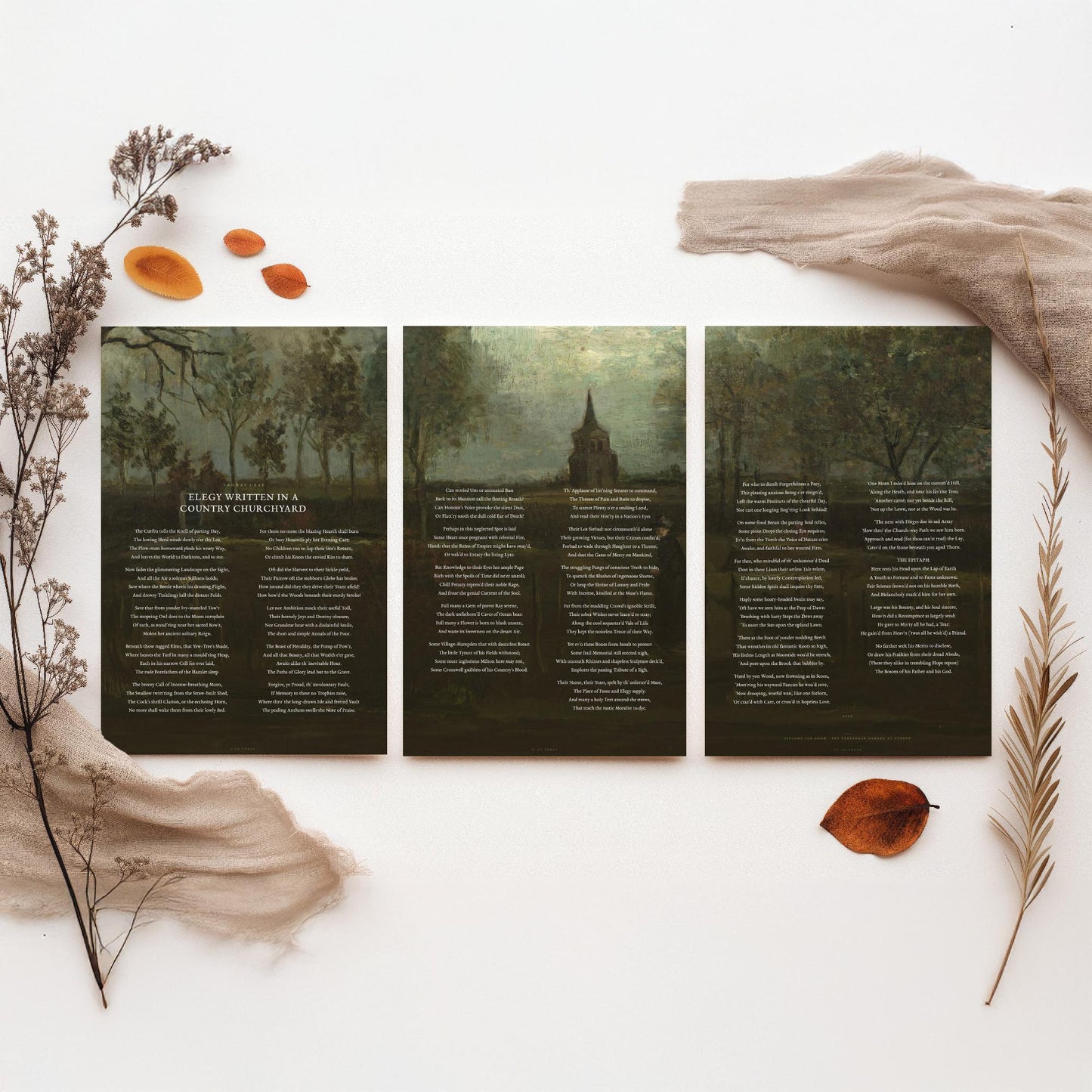 Elegy Written in a Country Churchyard by Thomas Gray Set of Three Art Prints - Full Poem over Van Gogh Painting - Poetry Poster Triptych