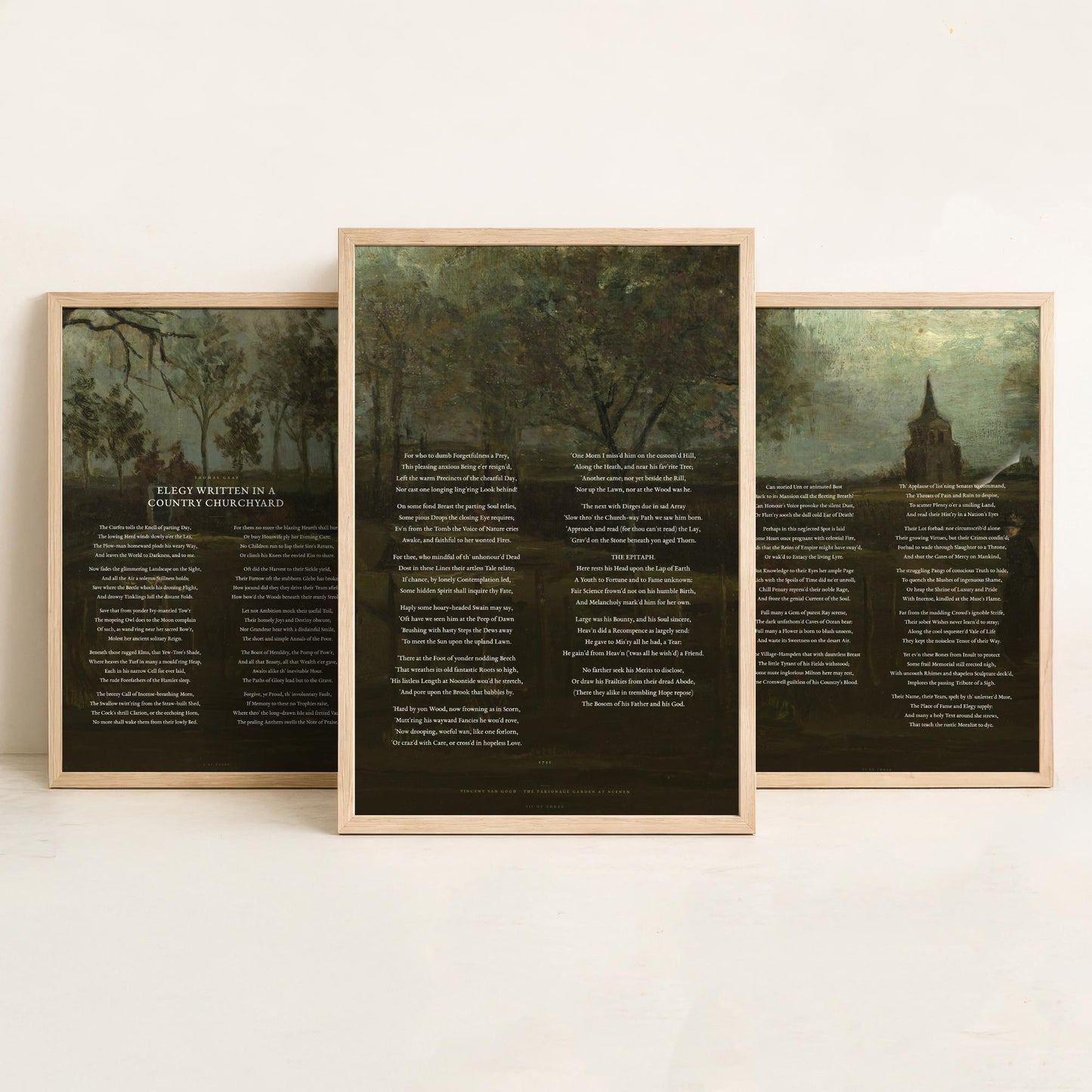 Elegy Written in a Country Churchyard by Thomas Gray Set of Three Art Prints - Full Poem over Van Gogh Painting - Poetry Poster Triptych