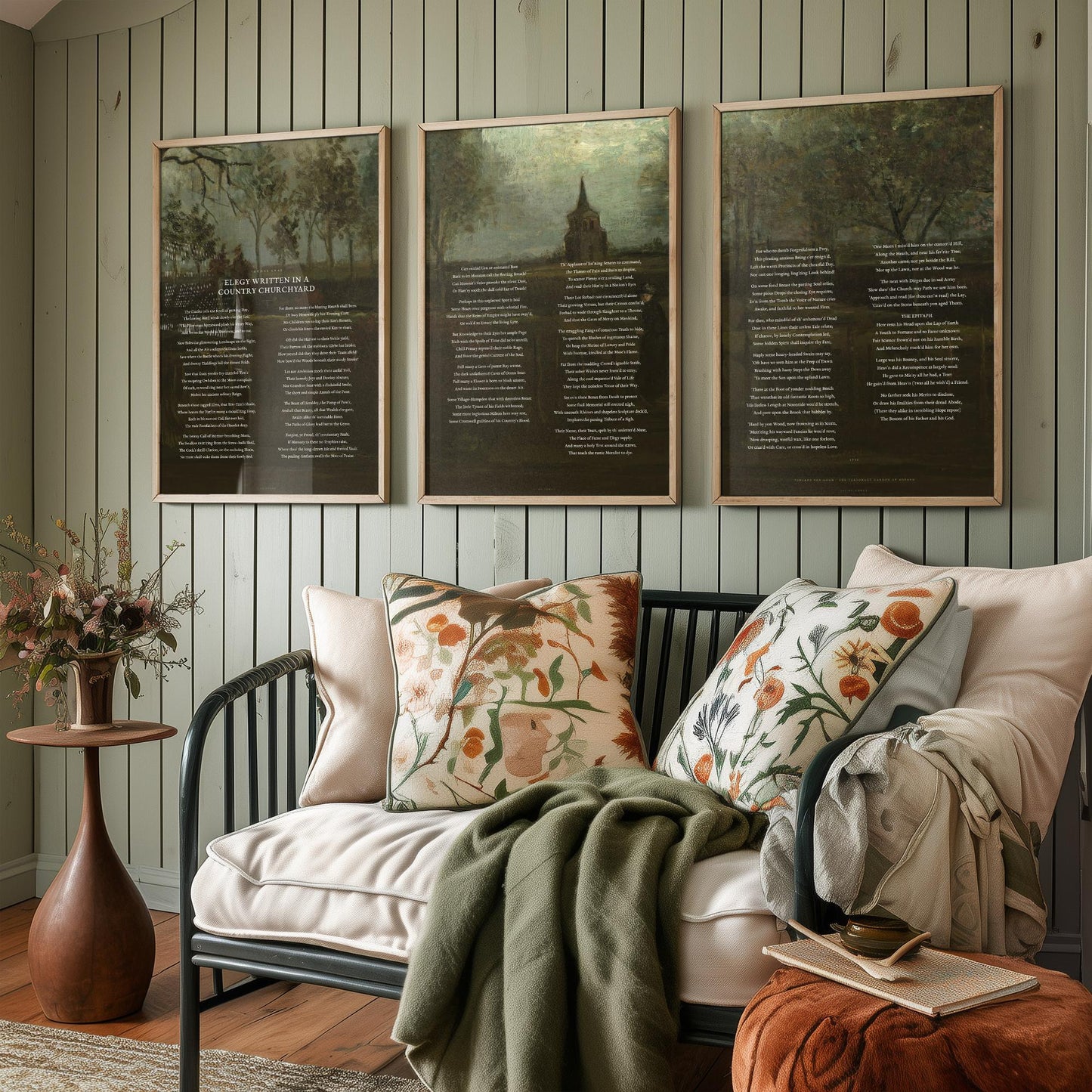 Elegy Written in a Country Churchyard by Thomas Gray Set of Three Art Prints - Full Poem over Van Gogh Painting - Poetry Poster Triptych