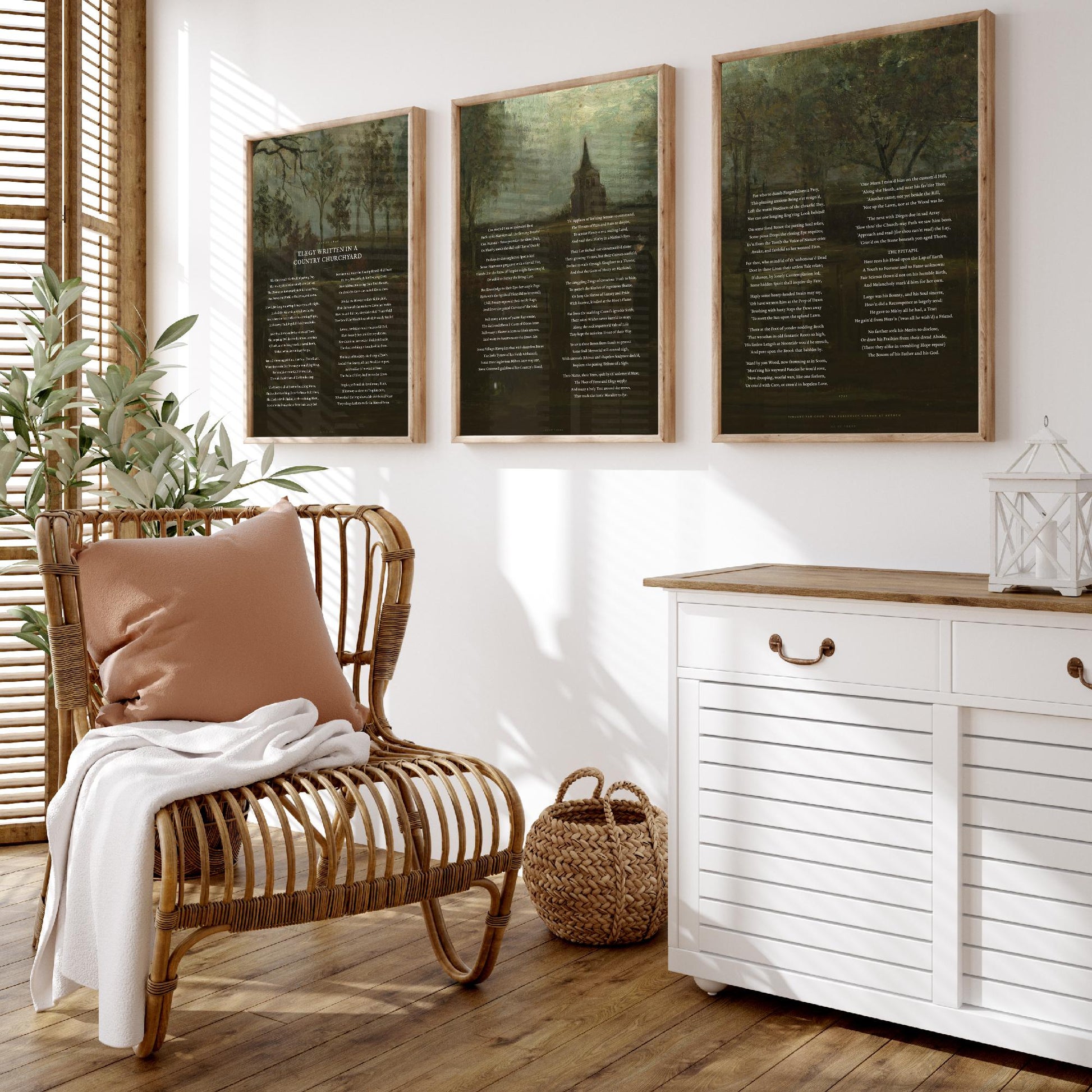 Elegy Written in a Country Churchyard by Thomas Gray Set of Three Art Prints - Full Poem over Van Gogh Painting - Poetry Poster Triptych