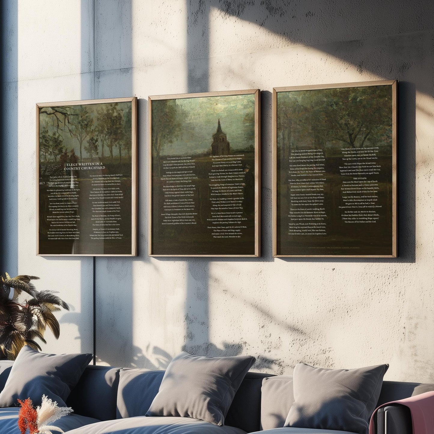 Elegy Written in a Country Churchyard by Thomas Gray Set of Three Art Prints - Full Poem over Van Gogh Painting - Poetry Poster Triptych