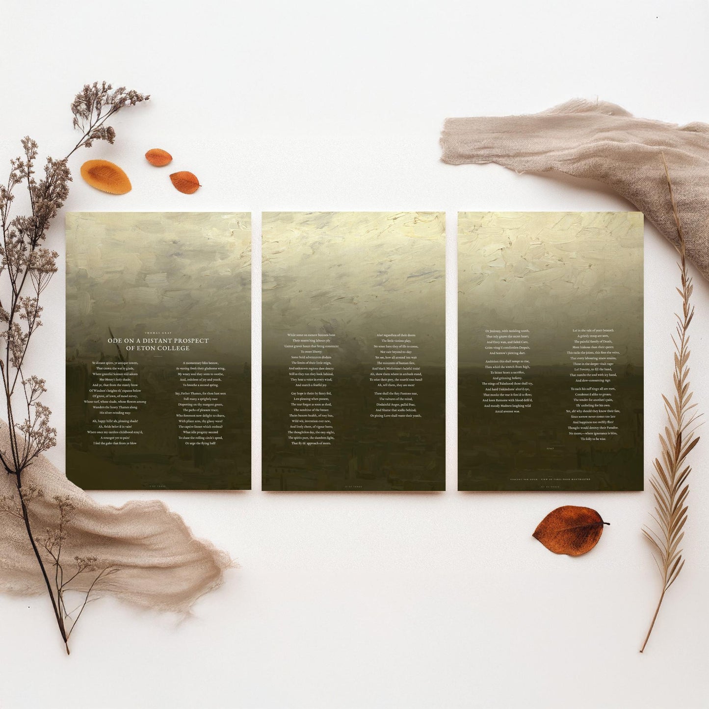 Ode on a Distant Prospect of Eton College by Thomas Gray Set of Three Art Prints - Full Poem over Van Gogh Painting - Poetry Posters