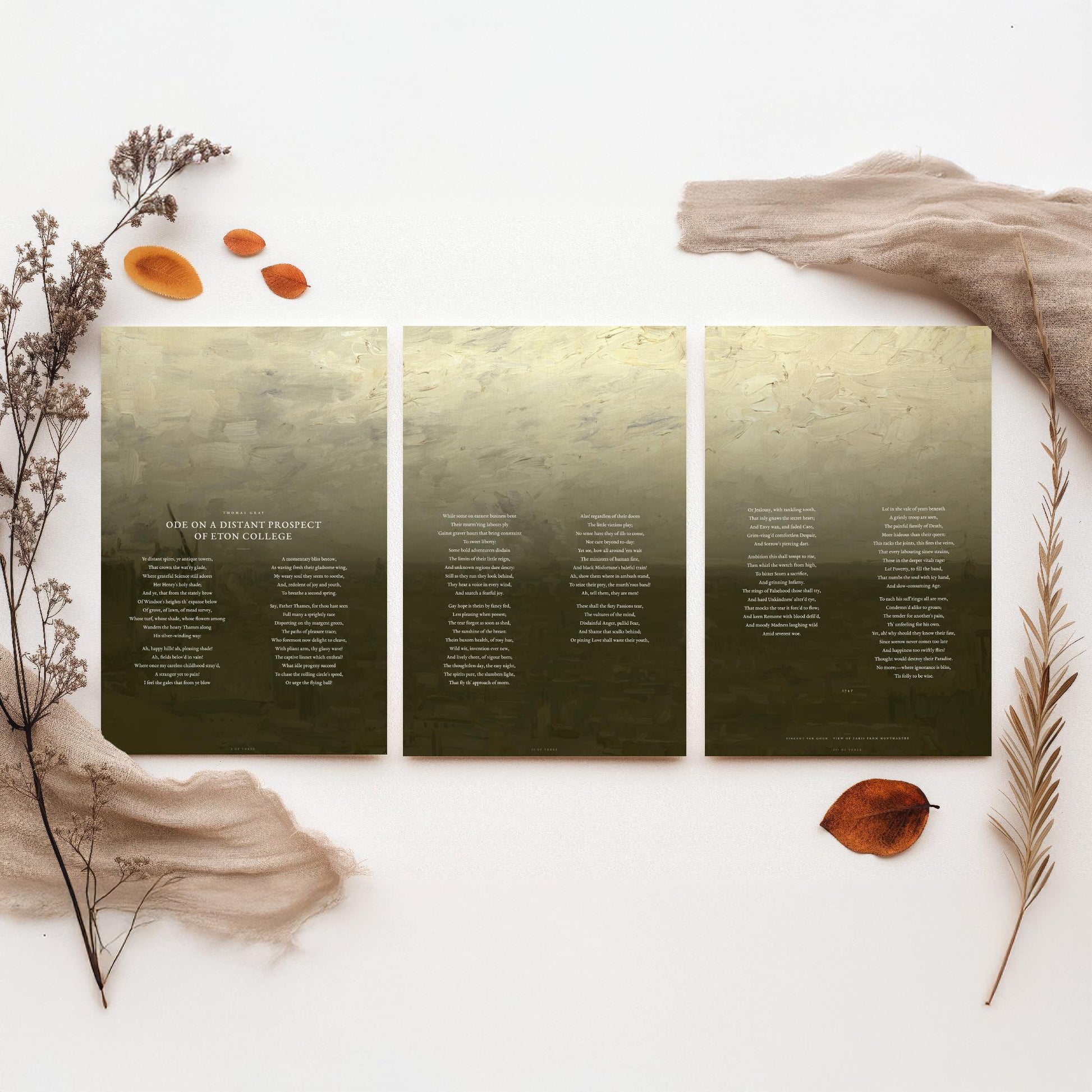 Ode on a Distant Prospect of Eton College by Thomas Gray Set of Three Art Prints - Full Poem over Van Gogh Painting - Poetry Posters