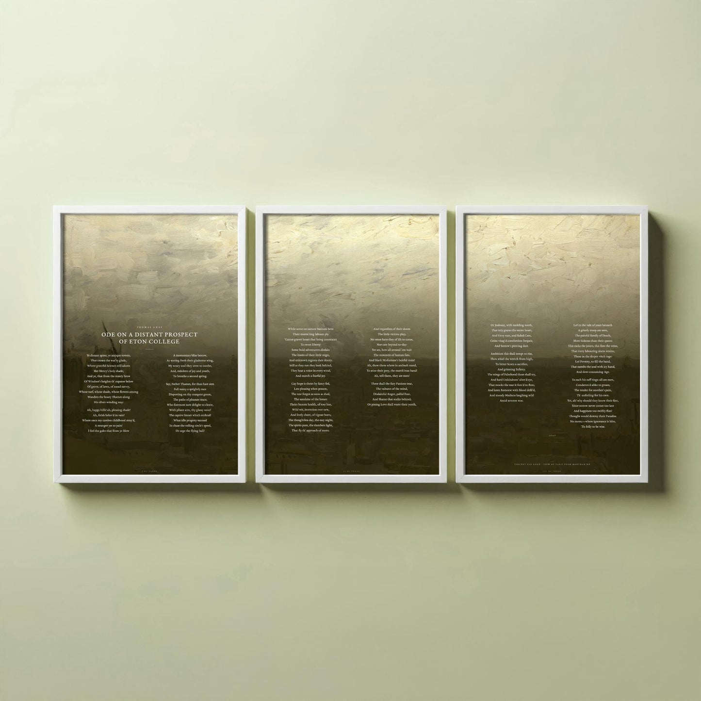 Ode on a Distant Prospect of Eton College by Thomas Gray Set of Three Art Prints - Full Poem over Van Gogh Painting - Poetry Posters
