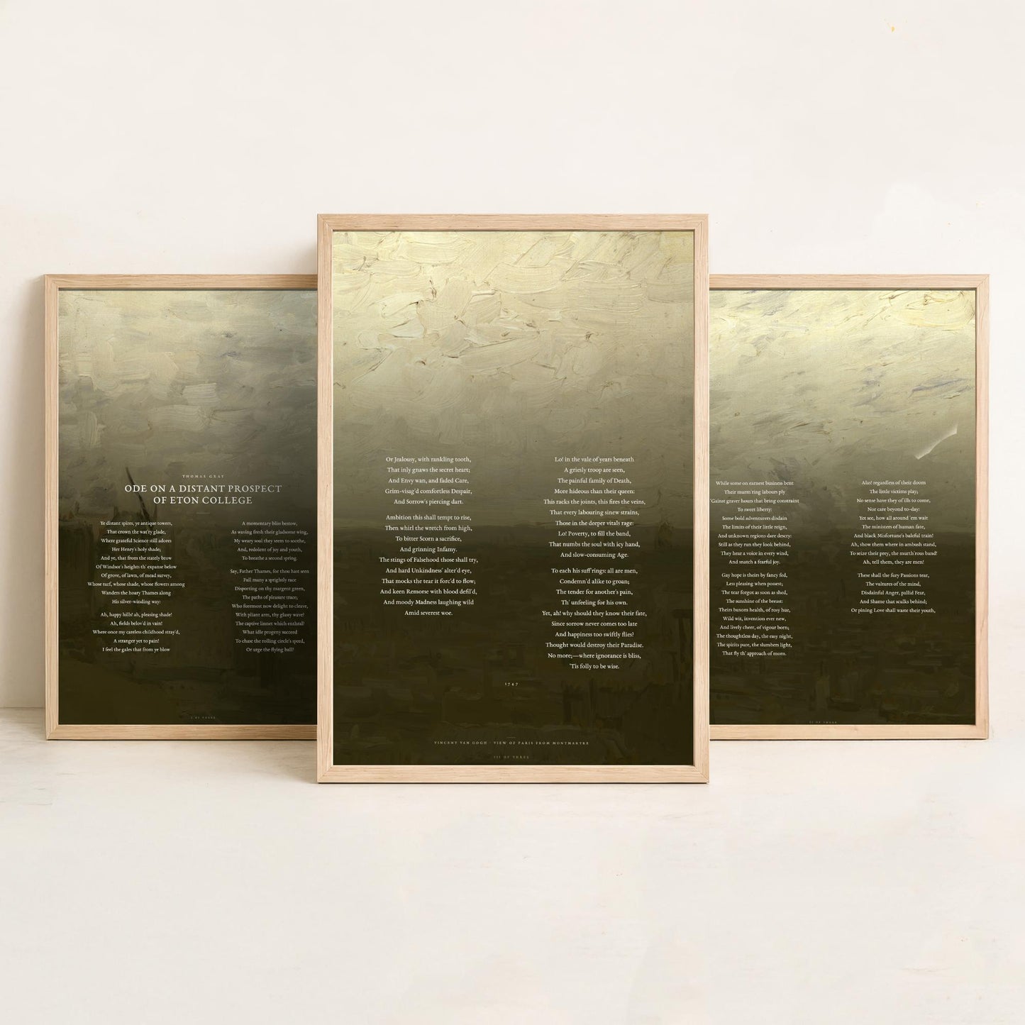 Ode on a Distant Prospect of Eton College by Thomas Gray Set of Three Art Prints - Full Poem over Van Gogh Painting - Poetry Posters
