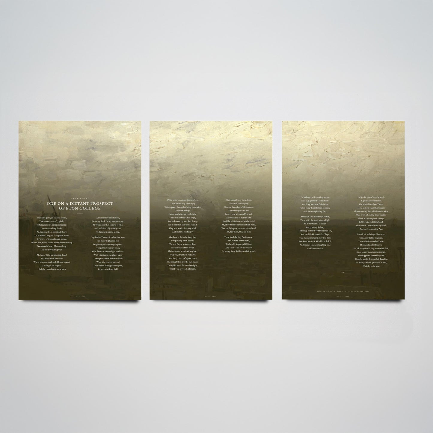Ode on a Distant Prospect of Eton College by Thomas Gray Set of Three Art Prints - Full Poem over Van Gogh Painting - Poetry Posters