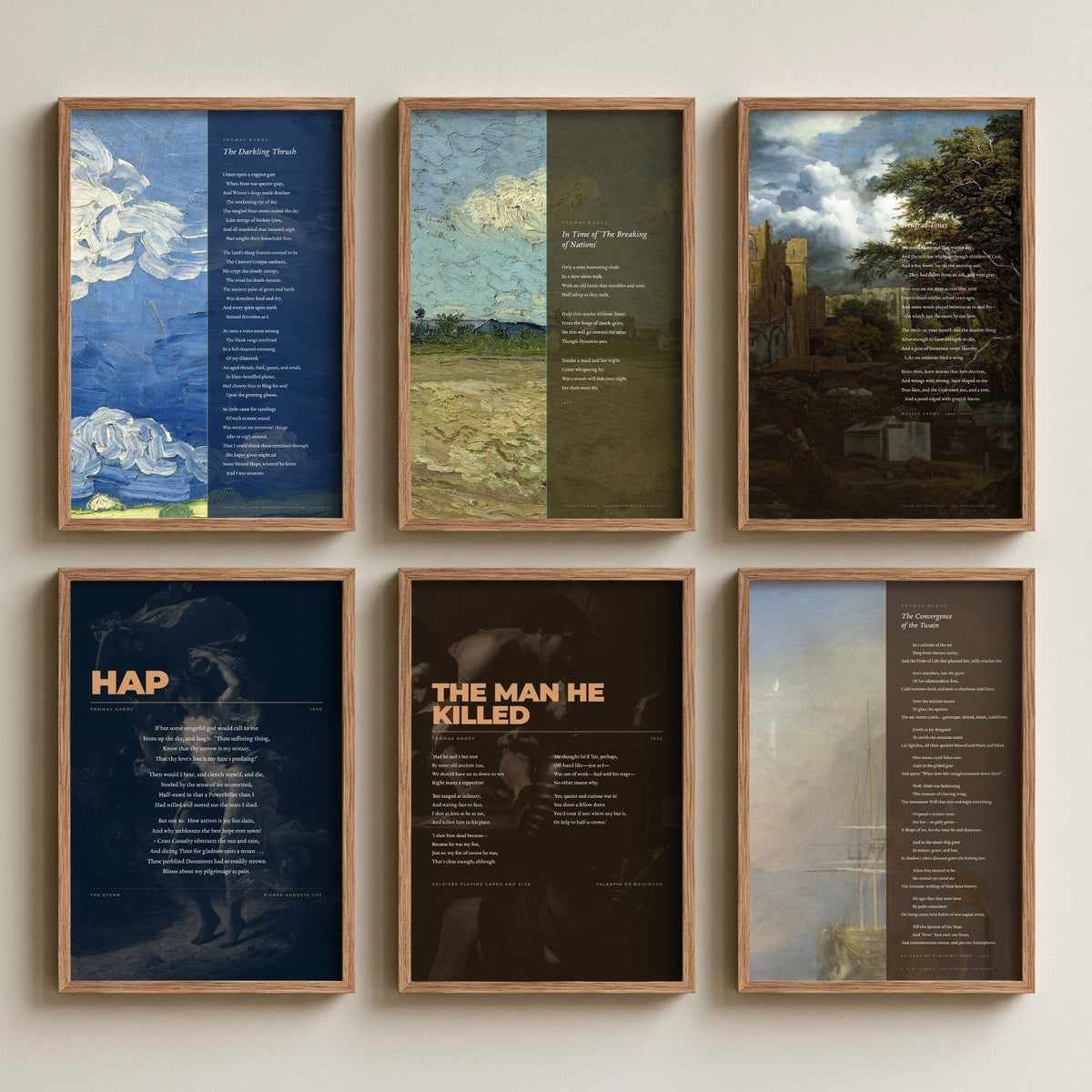 Set of Six Thomas Hardy Poem Art Prints - Full Poems over Paintings - Posters - The Darkling Thrush, Convergence of the Twain, Neutral Tones