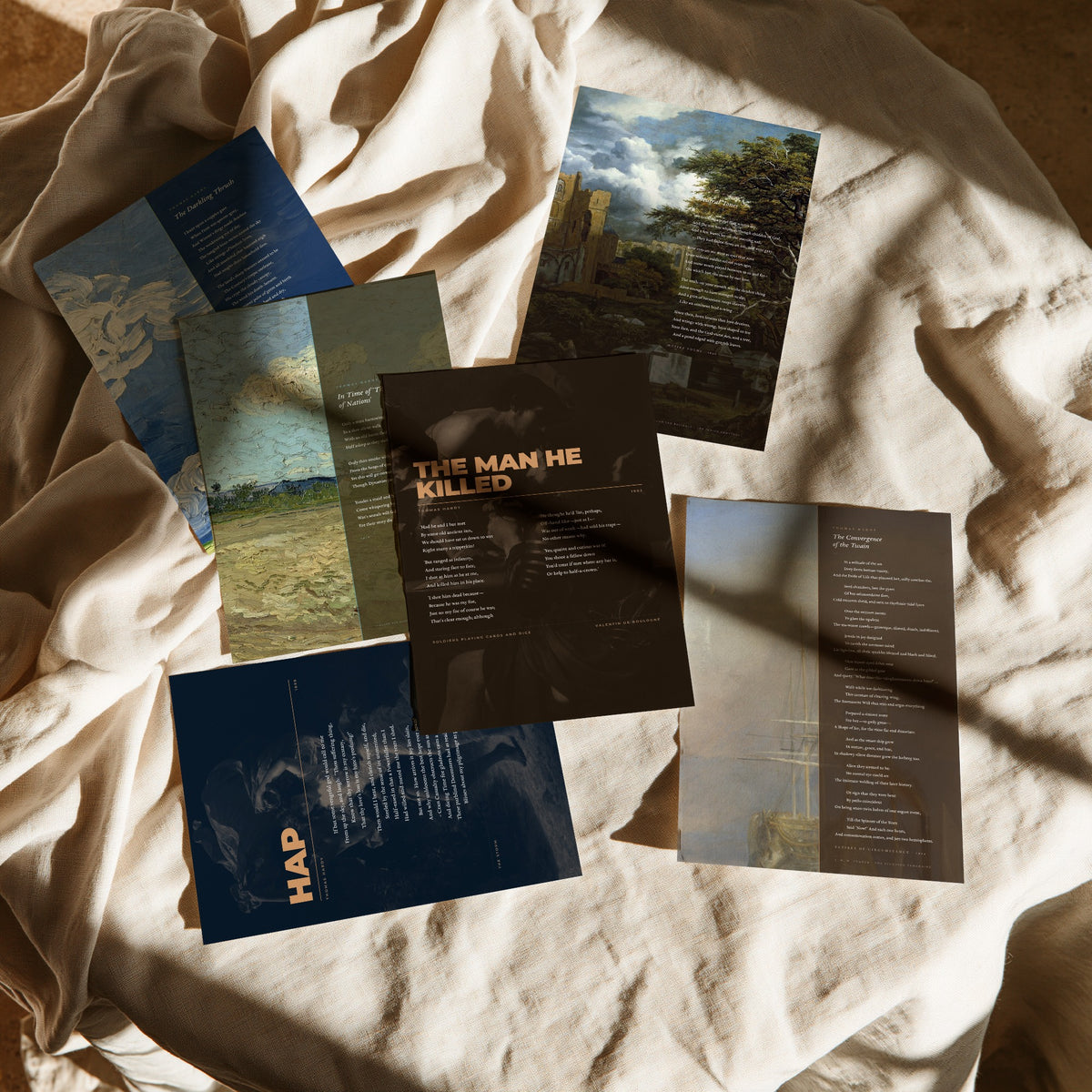 Set of Six Thomas Hardy Poem Art Prints - Full Poems over Paintings - Posters - The Darkling Thrush, Convergence of the Twain, Neutral Tones