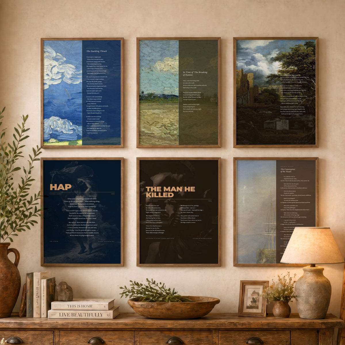 Set of Six Thomas Hardy Poem Art Prints - Full Poems over Paintings - Posters - The Darkling Thrush, Convergence of the Twain, Neutral Tones