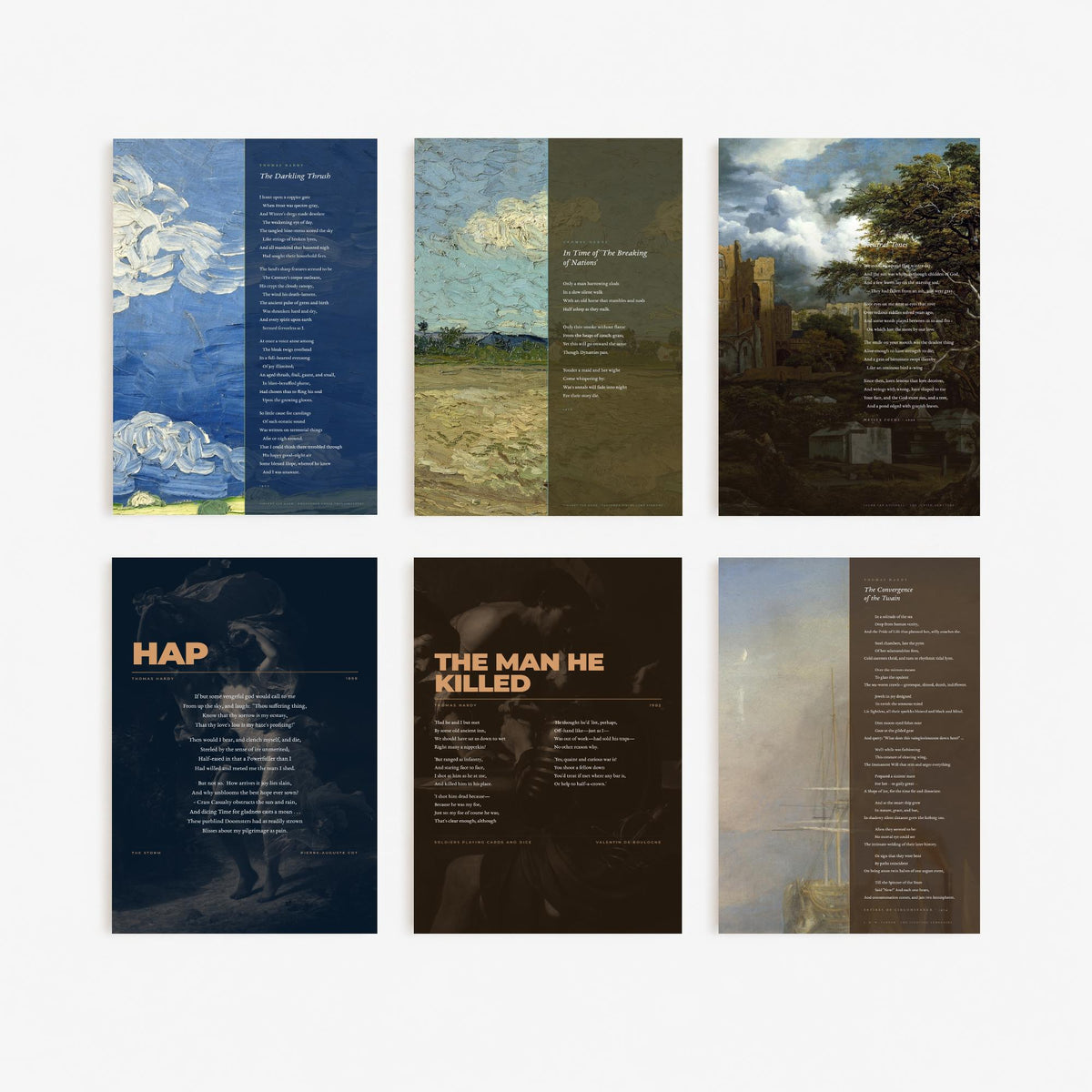 Set of Six Thomas Hardy Poem Art Prints - Full Poems over Paintings - Posters - The Darkling Thrush, Convergence of the Twain, Neutral Tones