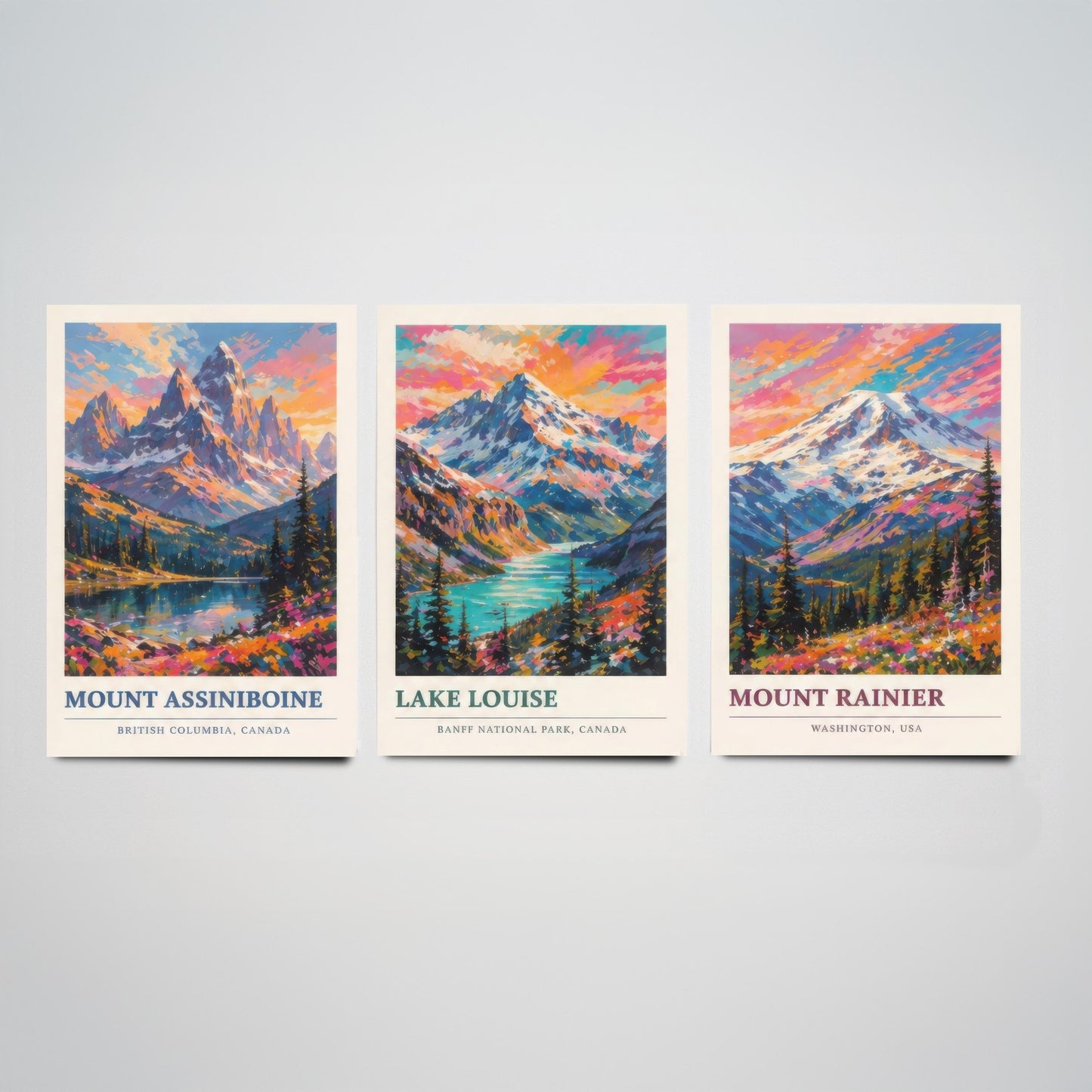 Set of Three Art Prints North American Peaks - Mount Assiniboine, Lake Louise, Mount Rainier - Mountain Poster Painting Travel Gift