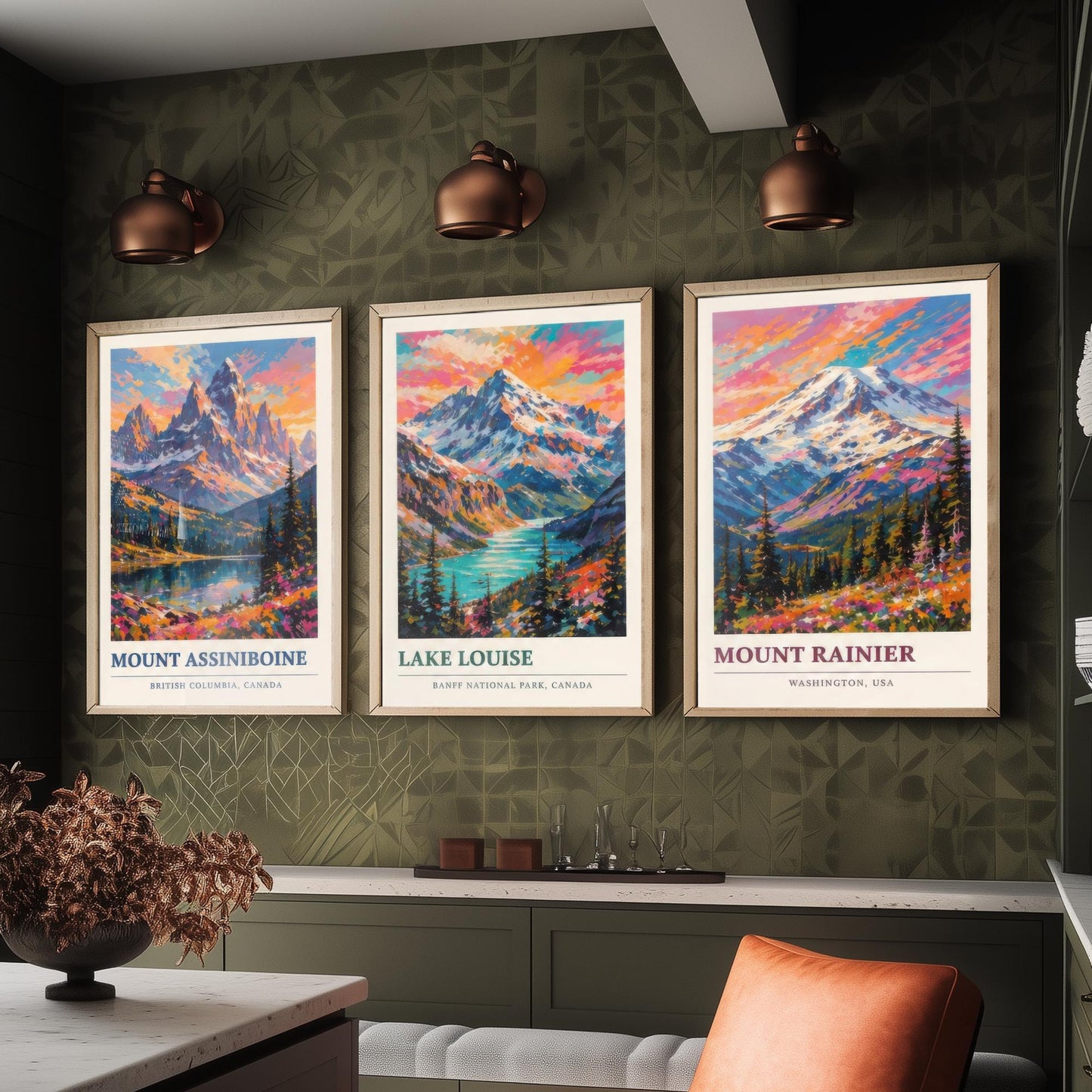 Set of Three Art Prints North American Peaks - Mount Assiniboine, Lake Louise, Mount Rainier - Mountain Poster Painting Travel Gift