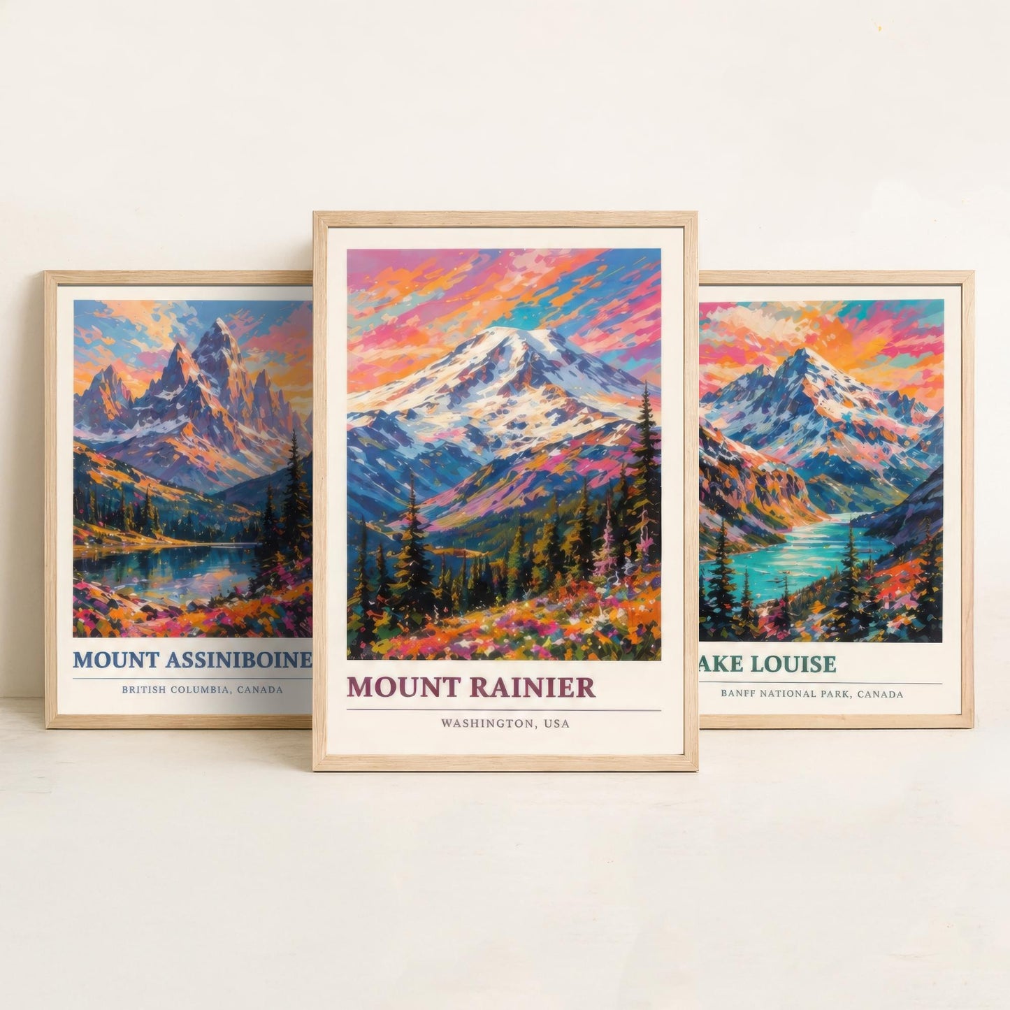 Set of Three Art Prints North American Peaks - Mount Assiniboine, Lake Louise, Mount Rainier - Mountain Poster Painting Travel Gift