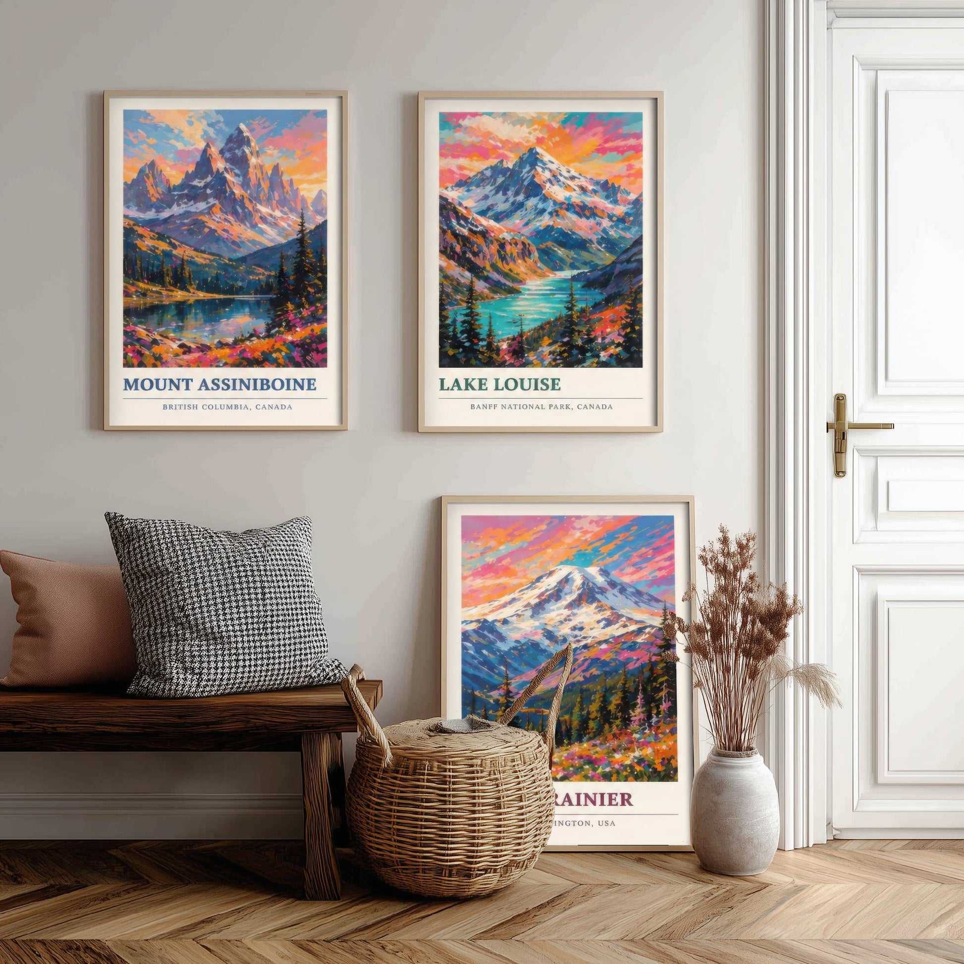 Set of Three Art Prints North American Peaks - Mount Assiniboine, Lake Louise, Mount Rainier - Mountain Poster Painting Travel Gift