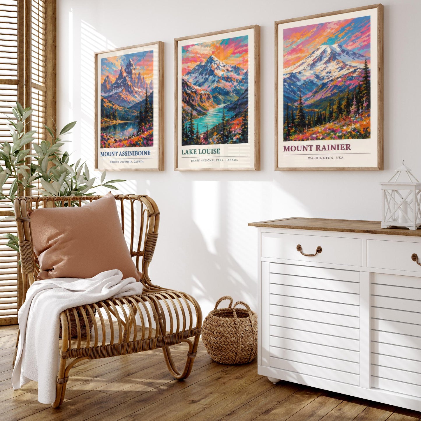Set of Three Art Prints North American Peaks - Mount Assiniboine, Lake Louise, Mount Rainier - Mountain Poster Painting Travel Gift