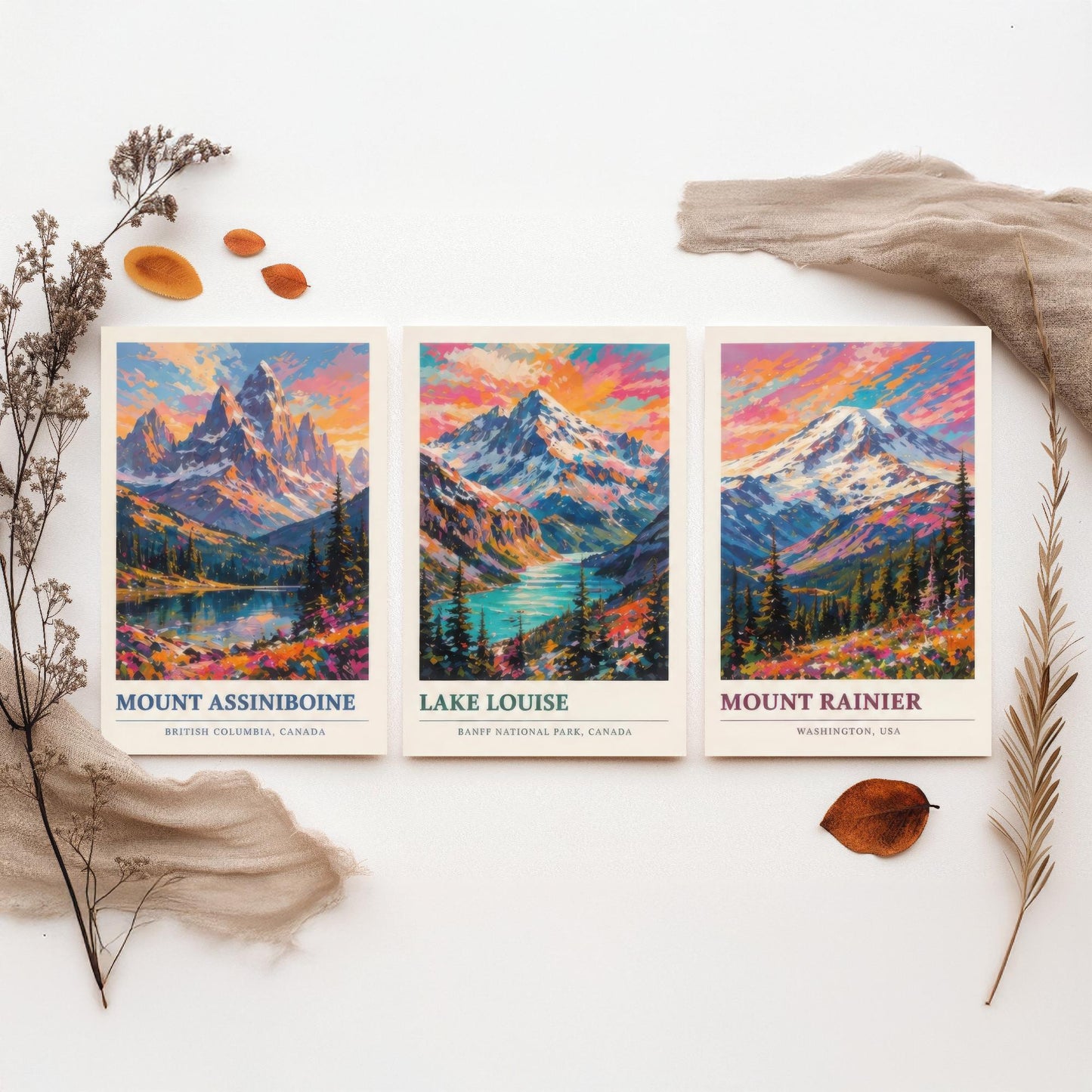Set of Three Art Prints North American Peaks - Mount Assiniboine, Lake Louise, Mount Rainier - Mountain Poster Painting Travel Gift