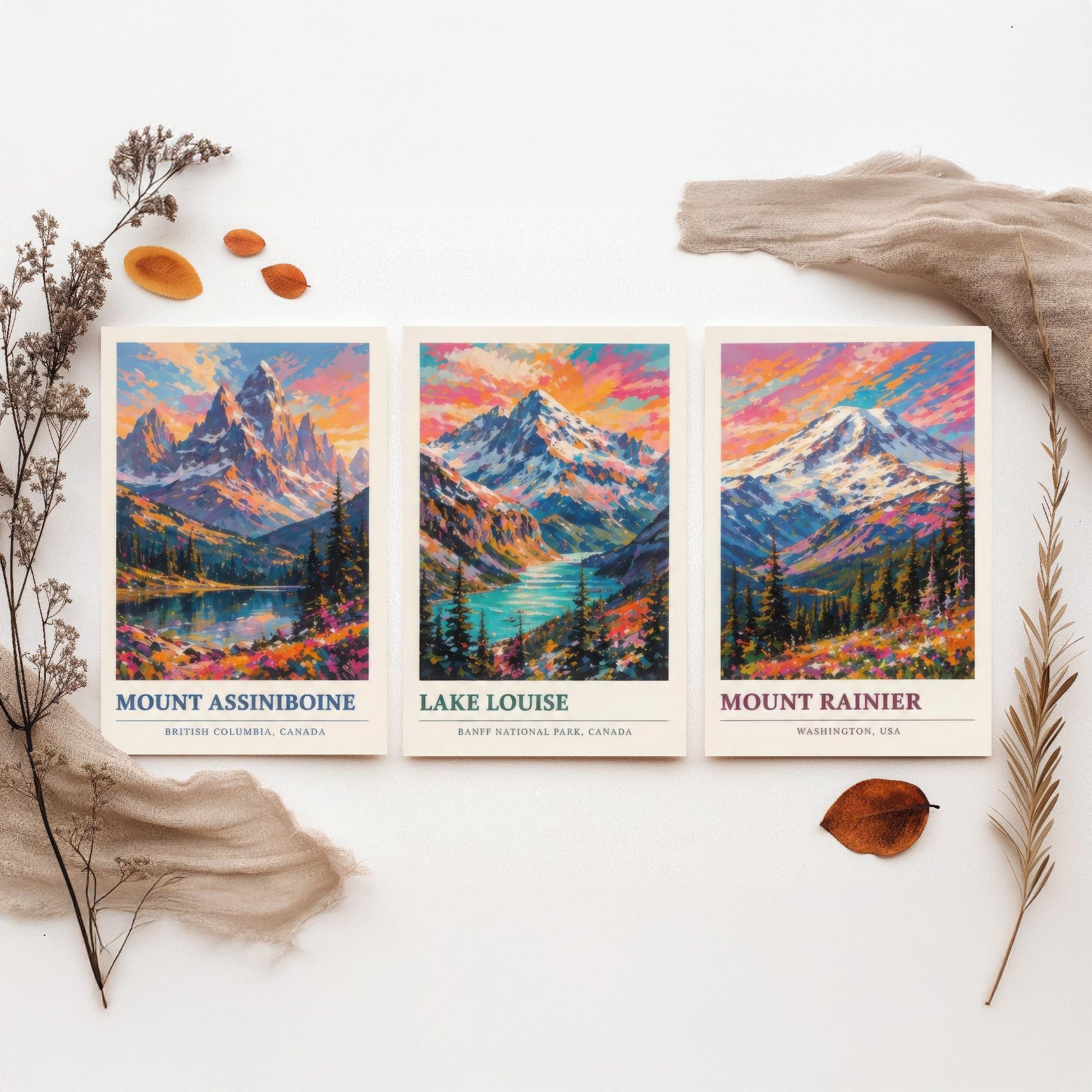 Set of Three Art Prints North American Peaks - Mount Assiniboine, Lake Louise, Mount Rainier - Mountain Poster Painting Travel Gift