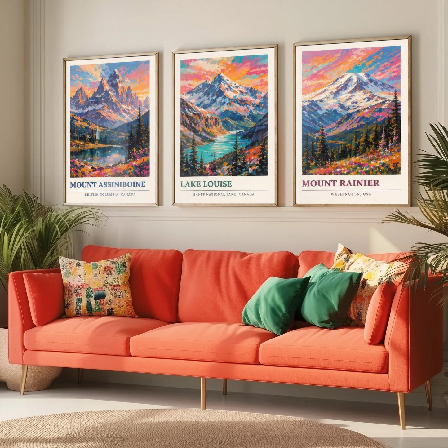 Set of Three Art Prints North American Peaks - Mount Assiniboine, Lake Louise, Mount Rainier - Mountain Poster Painting Travel Gift