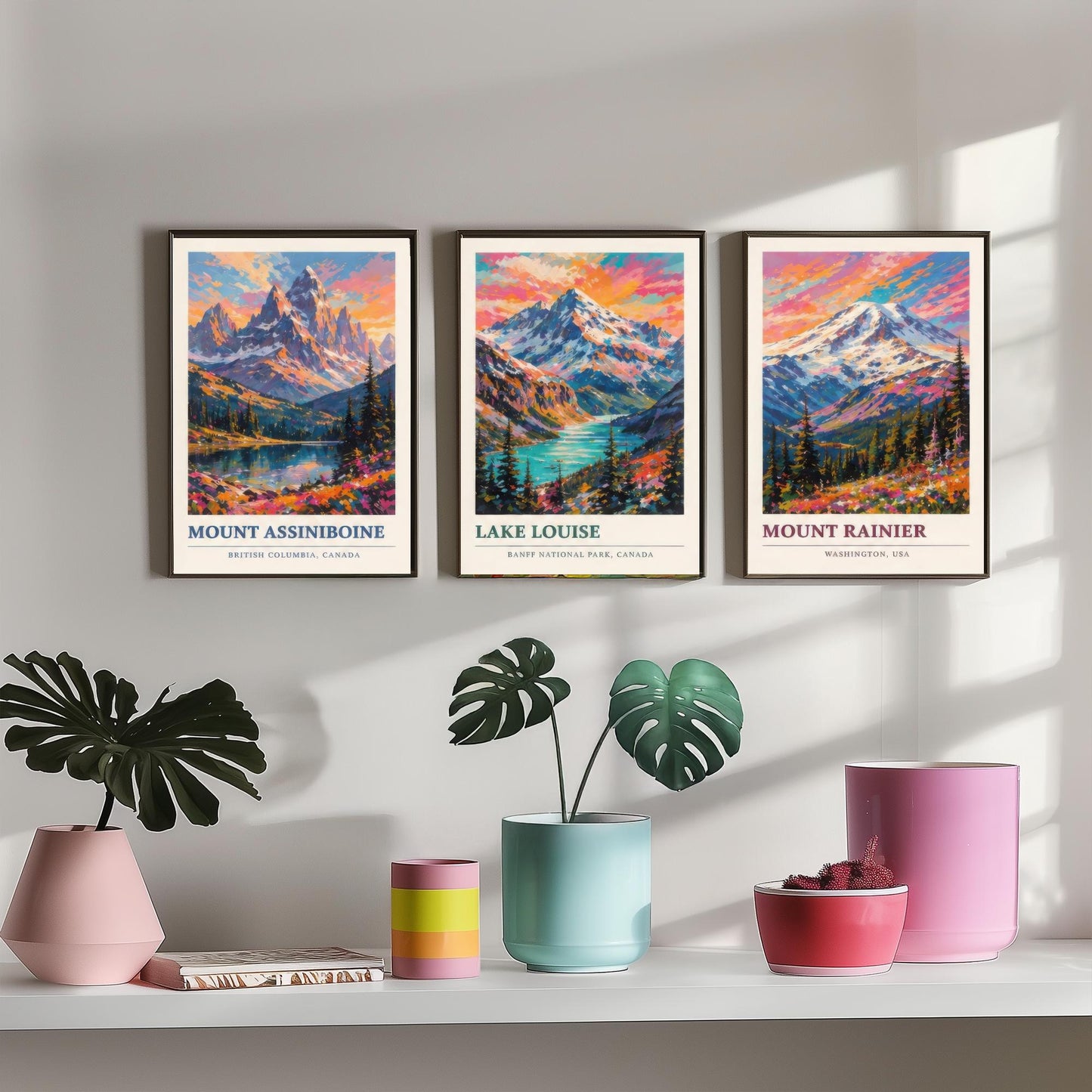 Set of Three Art Prints North American Peaks - Mount Assiniboine, Lake Louise, Mount Rainier - Mountain Poster Painting Travel Gift