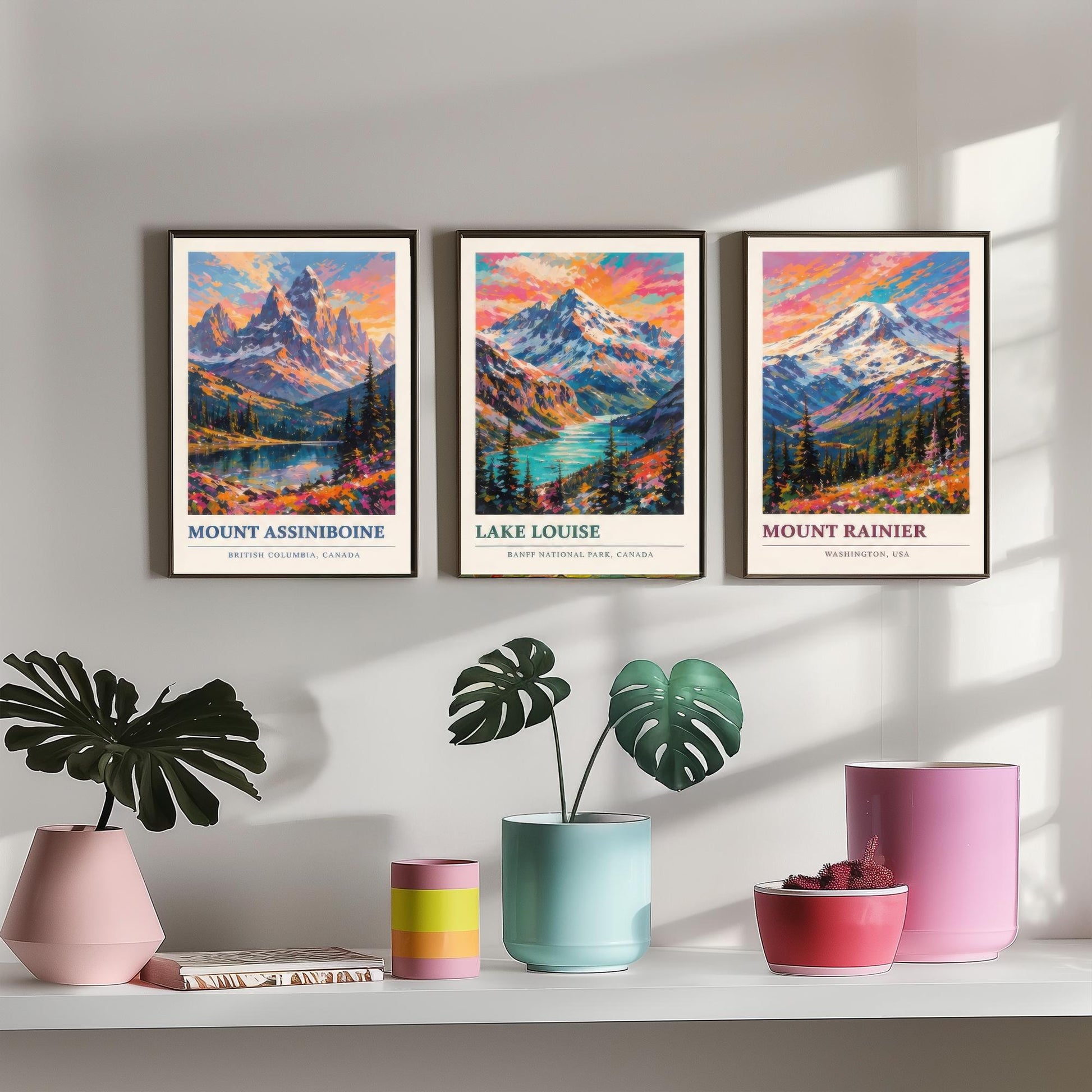 Set of Three Art Prints North American Peaks - Mount Assiniboine, Lake Louise, Mount Rainier - Mountain Poster Painting Travel Gift