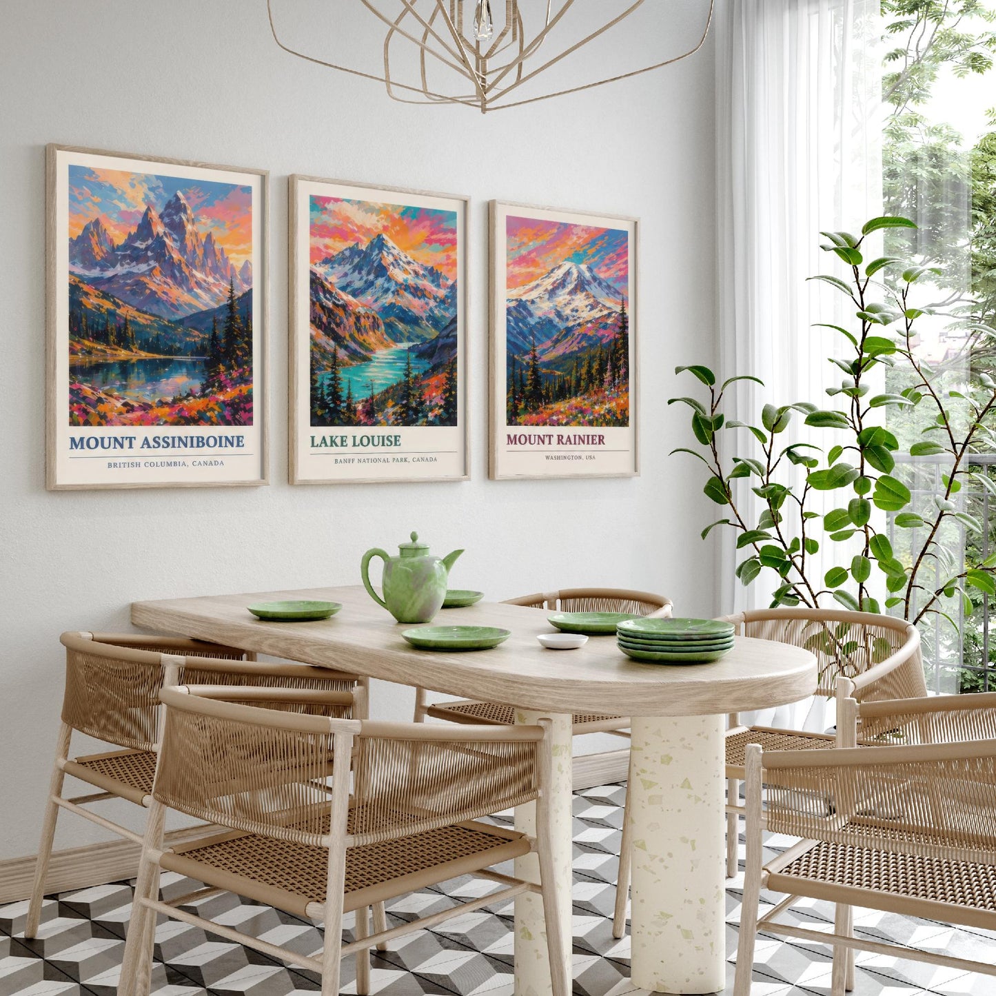 Set of Three Art Prints North American Peaks - Mount Assiniboine, Lake Louise, Mount Rainier - Mountain Poster Painting Travel Gift